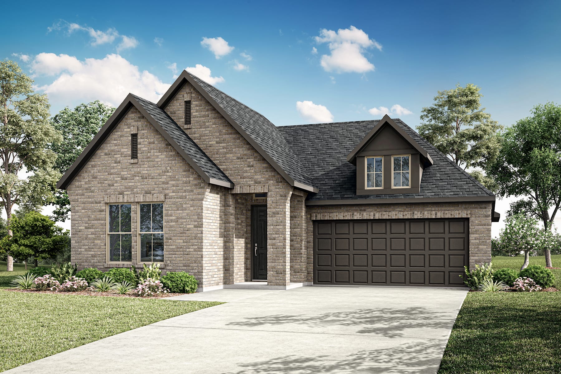 A two-story brick house with a garage, surrounded by lush greenery and a clear blue sky with fluffy white clouds.