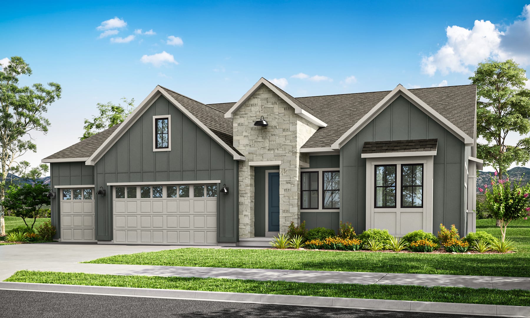 A two-story gray house with a gabled roof, surrounded by a well-manicured lawn and lush greenery, stands prominently in the foreground against a clear blue sky with scattered clouds.