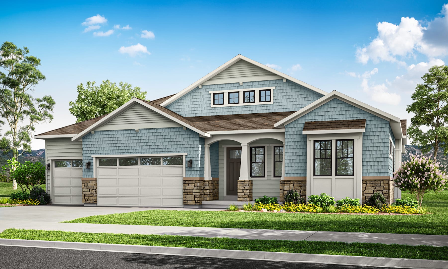 A two-story house with a gray exterior, a gabled roof, and a well-manicured lawn surrounded by trees and shrubs in a sunny, idyllic neighborhood setting.