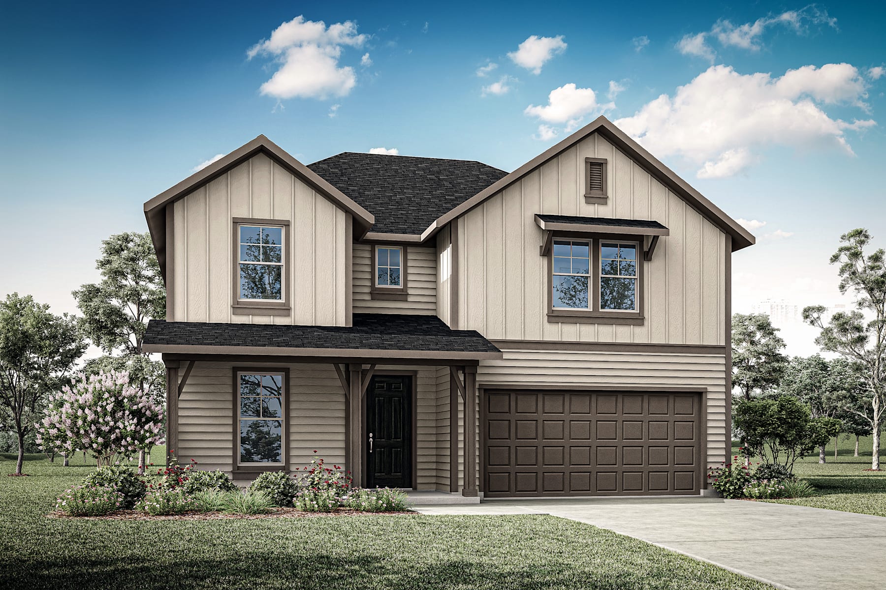 A two-story house with a garage, surrounded by a grassy lawn and trees, set against a blue sky with fluffy white clouds.