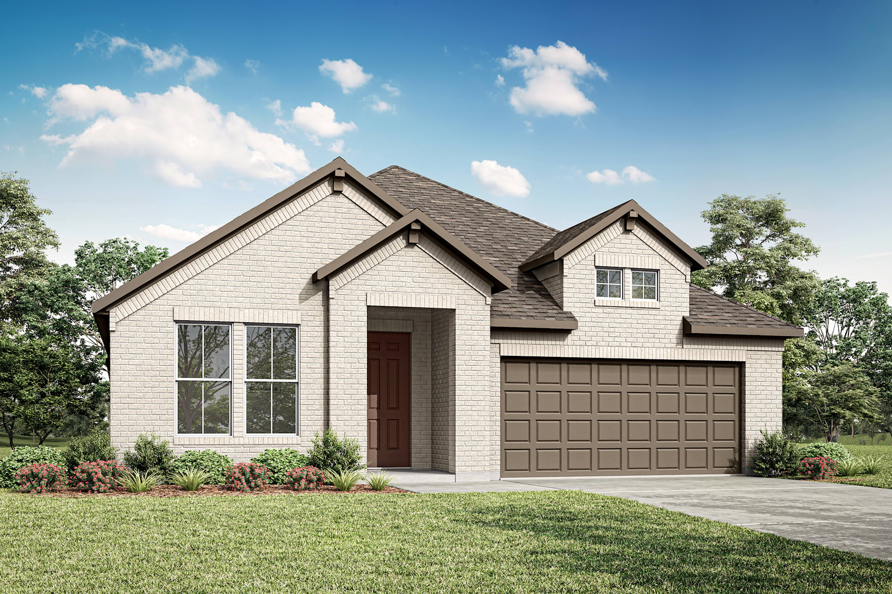 A two-story residential house with a gabled roof, a garage, and a well-manicured lawn surrounded by trees against a blue sky with fluffy white clouds.