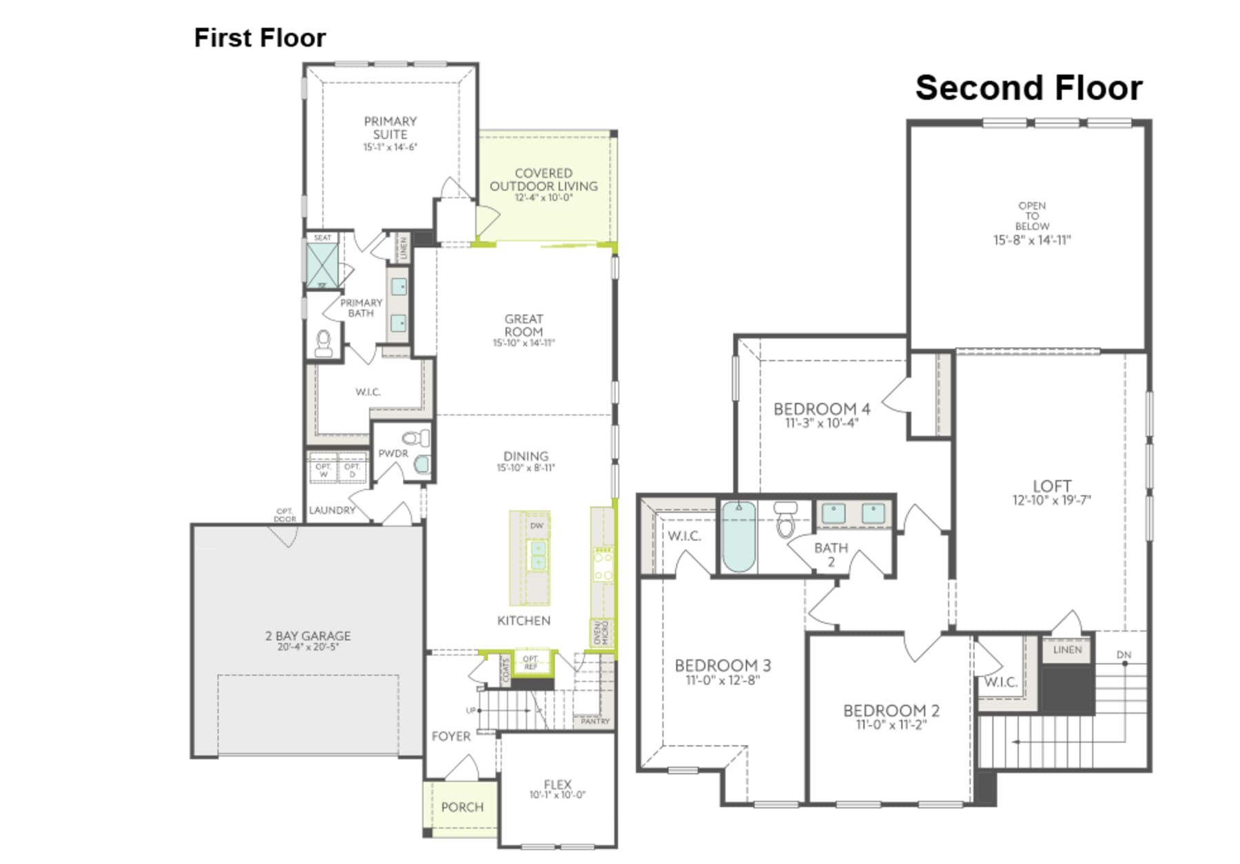 This is a floor plan diagram showing the layout of a two-story residential building, with the first floor on the left and the second floor on the right. The plan includes labeled rooms and dimensions, providing a detailed overview of the building's interior spaces.