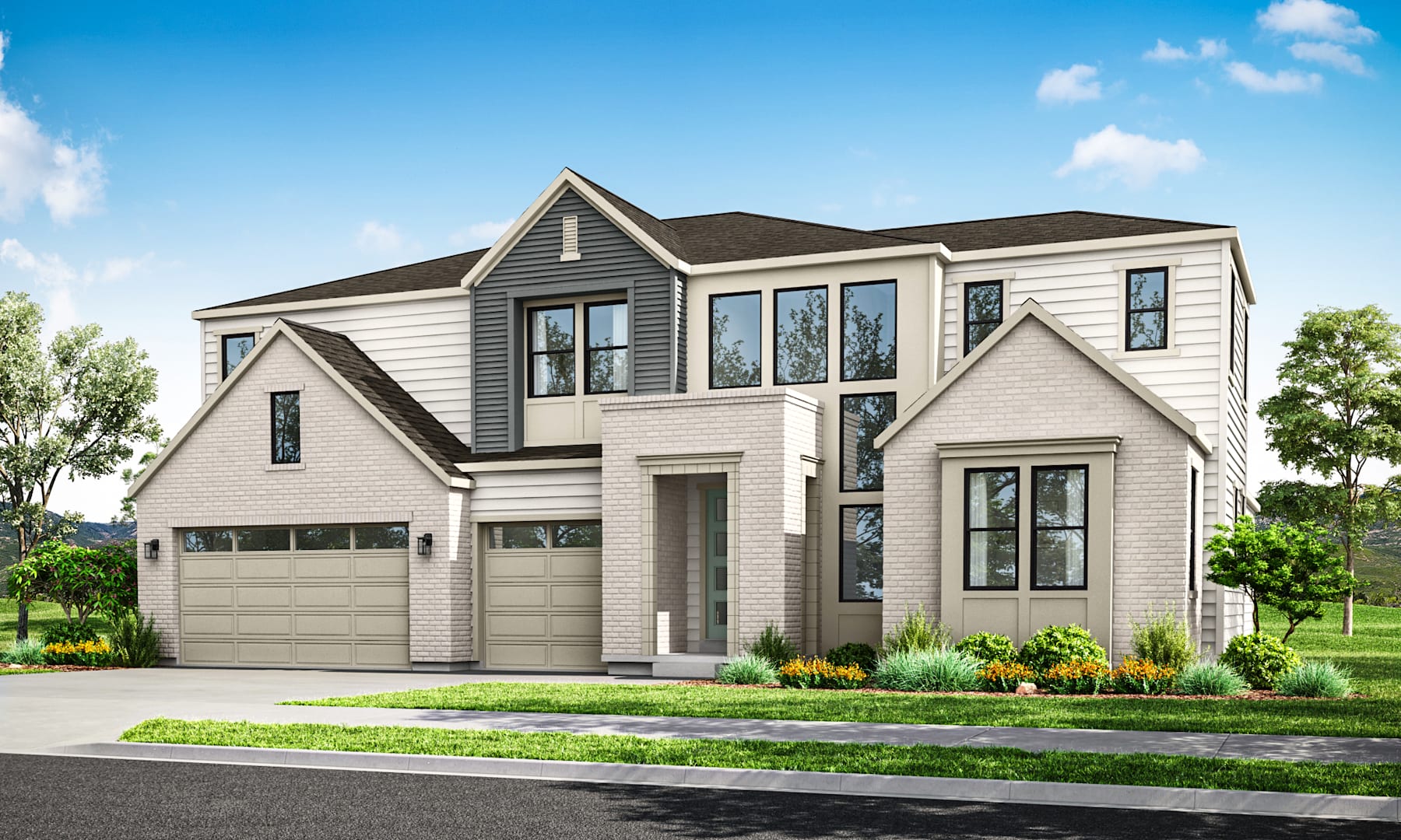 A two-story residential house with a garage, surrounded by a well-manicured lawn and lush greenery, set against a clear blue sky with fluffy white clouds.