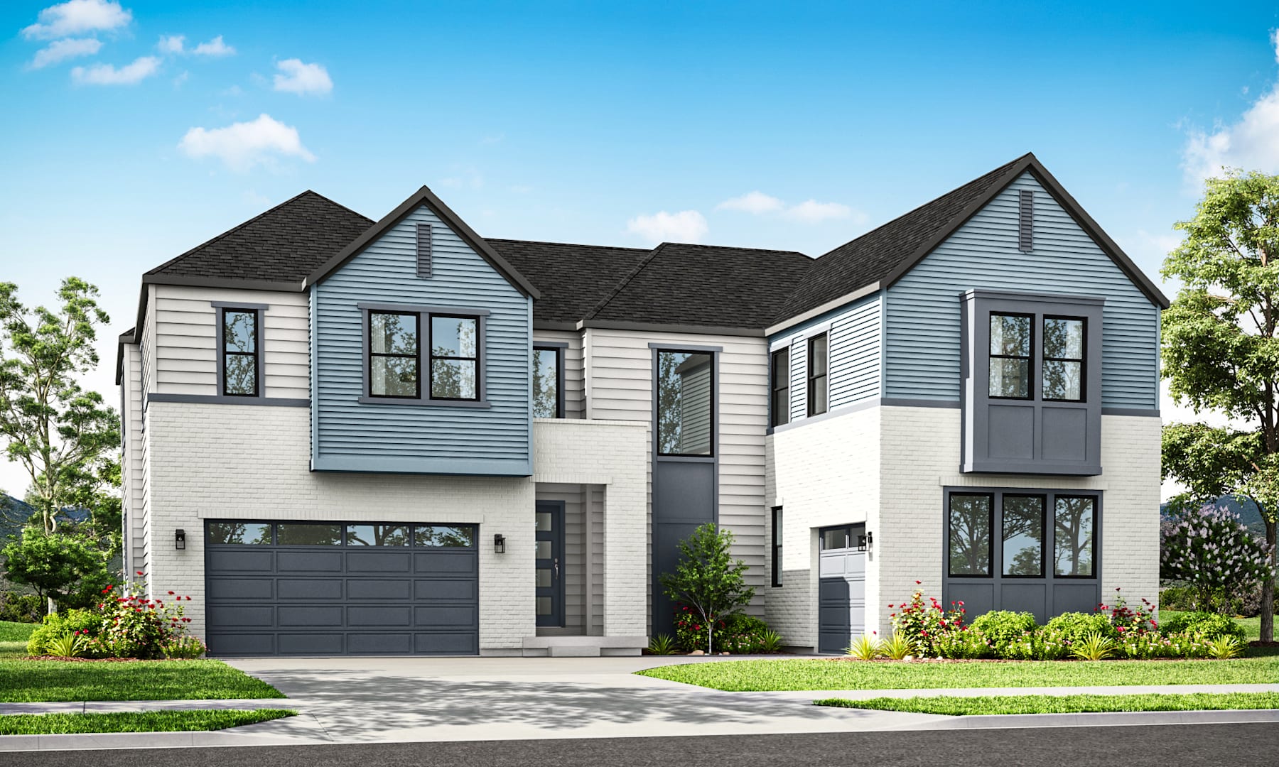A two-story modern house with a gray exterior, black roof, and a garage door sits on a grassy lawn surrounded by trees against a blue sky with fluffy white clouds.