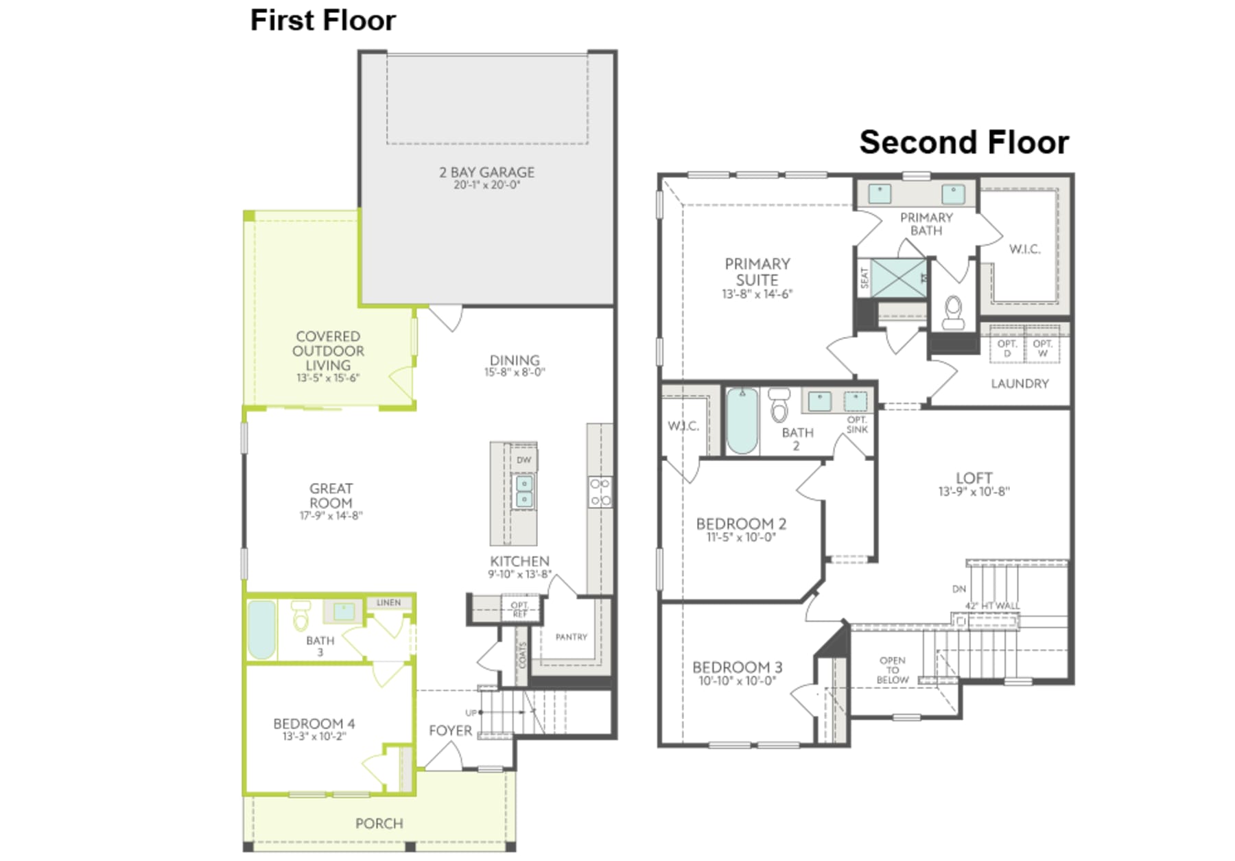 The image shows a floor plan for a two-story building, with the first floor on the left and the second floor on the right. The first floor includes a garage, a living room, a kitchen, and a bedroom, while the second floor has a primary suite, a loft, and two additional bedrooms.