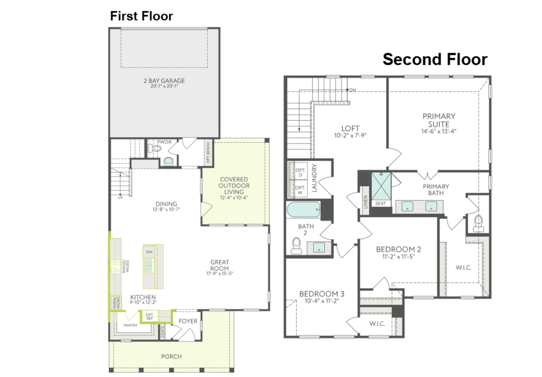 The image presents a detailed floor plan for a two-story residential property, showcasing the layout and dimensions of the first and second floors.