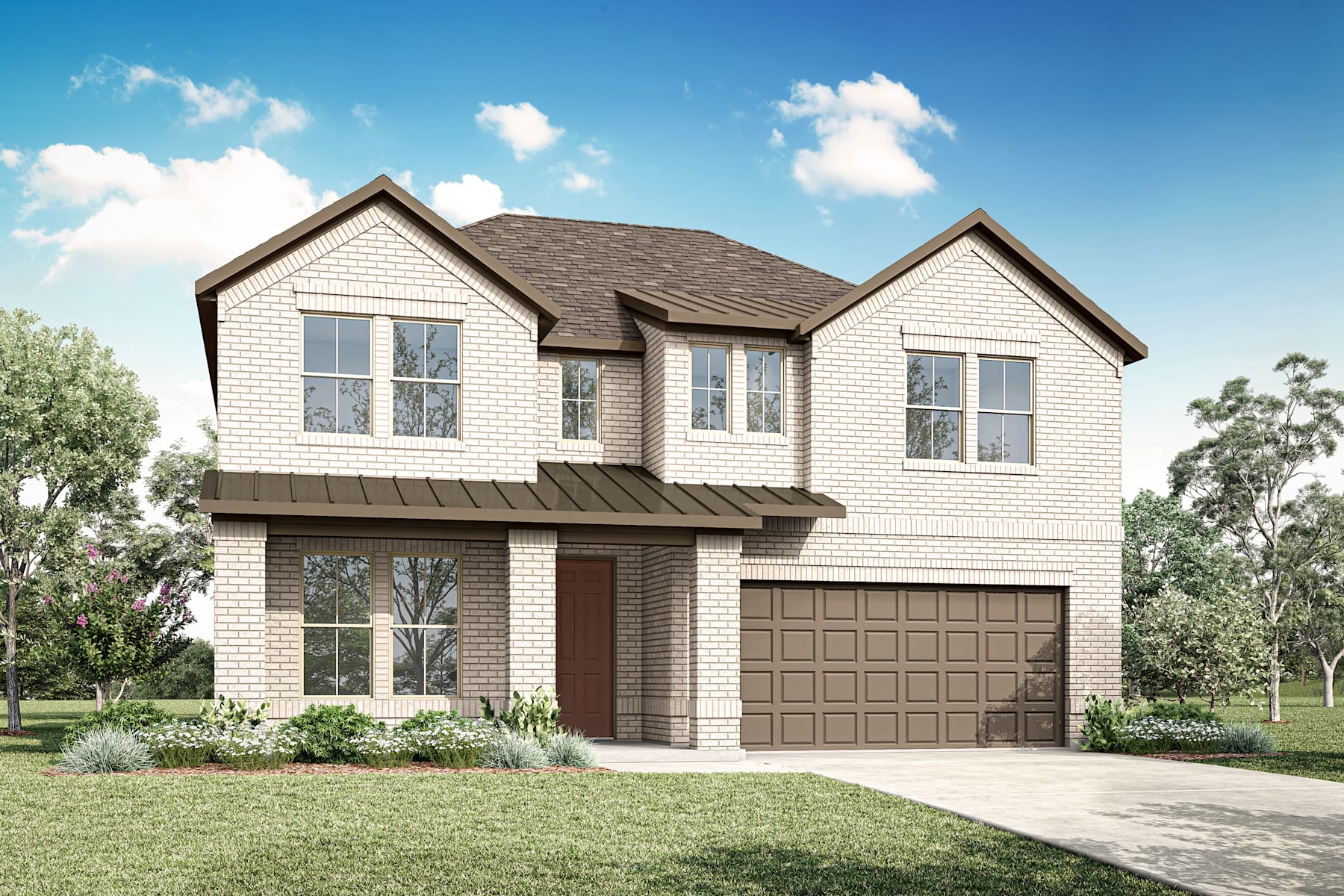 A two-story residential house with a garage, surrounded by a grassy lawn and trees in the background, set against a blue sky with fluffy white clouds.