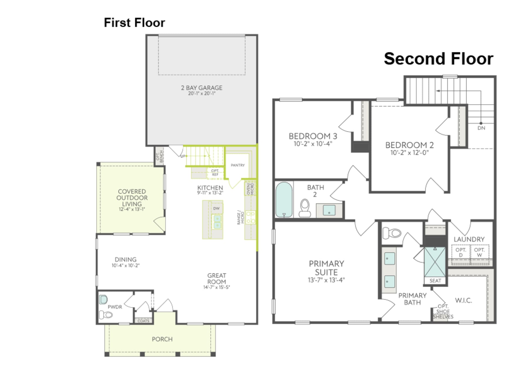 The image is a floor plan diagram showing the layout of a two-story residential building, with the first floor on the left and the second floor on the right. The first floor includes a garage, kitchen, dining room, and living room, while the second floor has two bedrooms, a primary suite, and a laundry room.