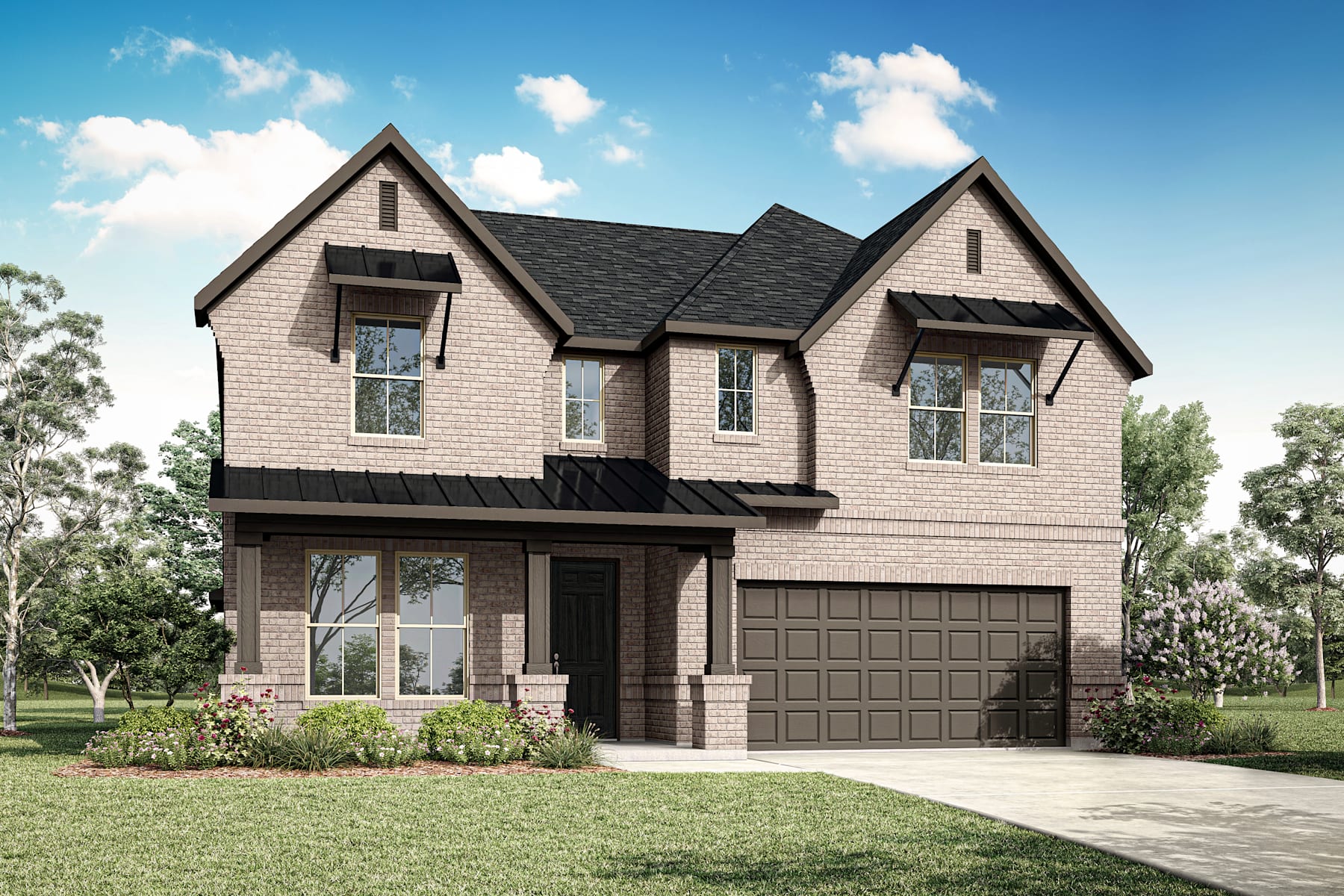 A two-story residential house with a gabled roof, siding, and a garage door stands in a grassy yard surrounded by trees against a blue sky with fluffy white clouds.