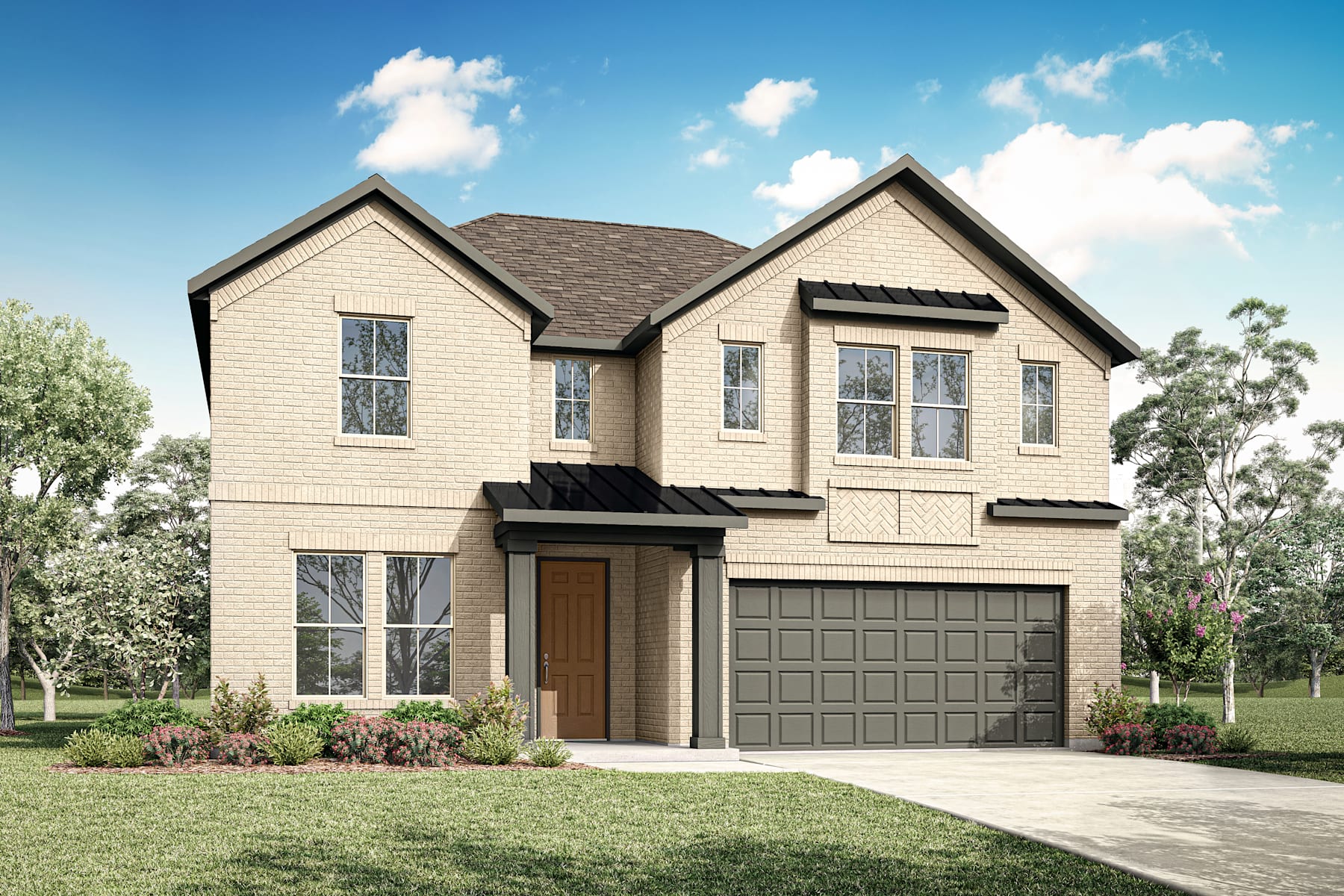A two-story beige house with a garage, surrounded by lush greenery and a clear blue sky with fluffy white clouds.