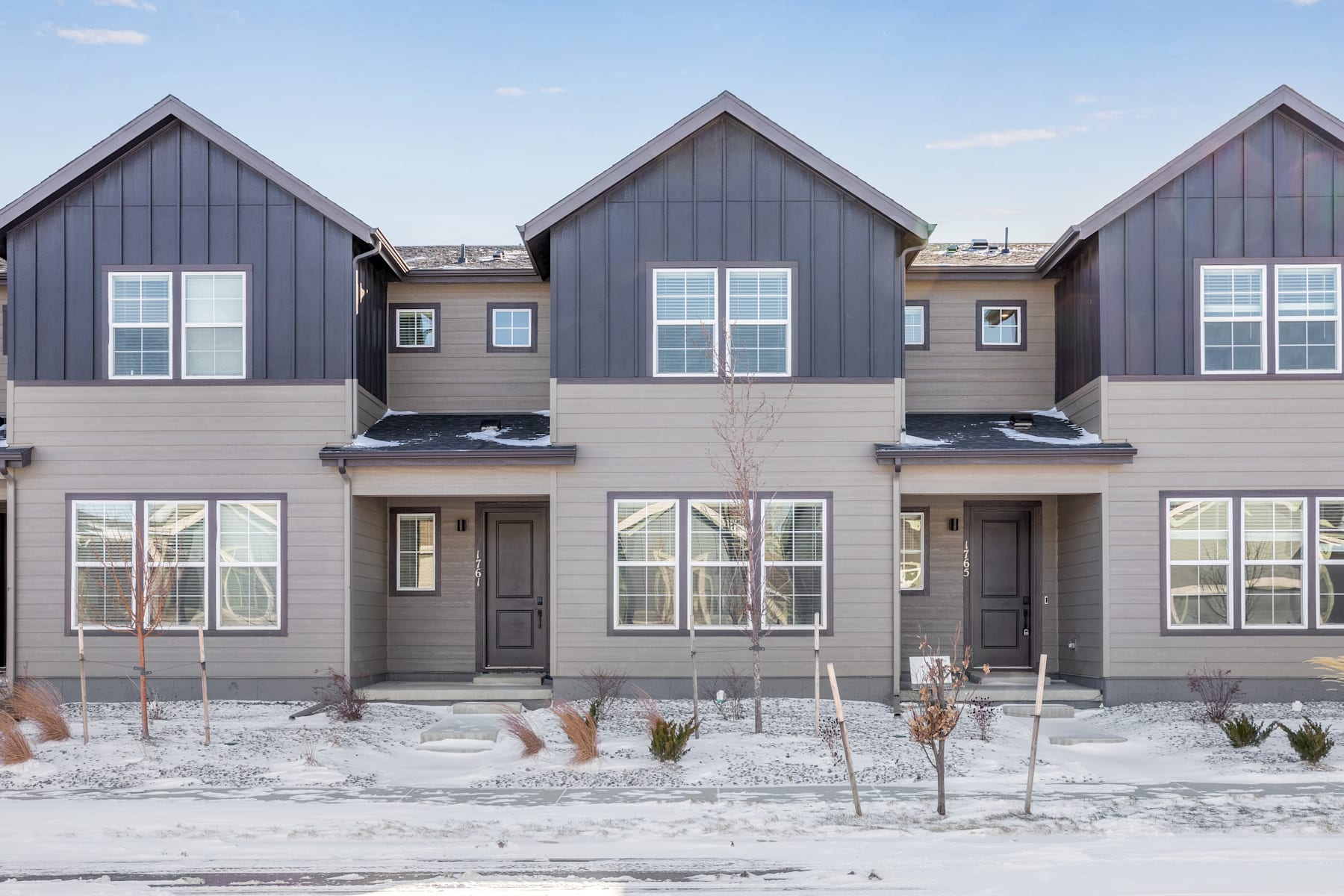The image depicts a row of modern, gray-colored townhouses with gabled roofs, surrounded by a snowy landscape in the foreground.