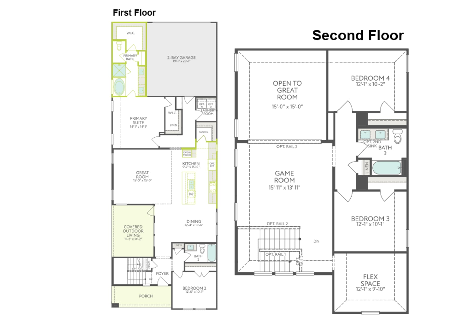 This is a floor plan diagram showing the layout of a two-story residential building, with the first floor and second floor plans displayed side by side. The diagram includes labeled rooms, dimensions, and an open-to-above space on the second floor.