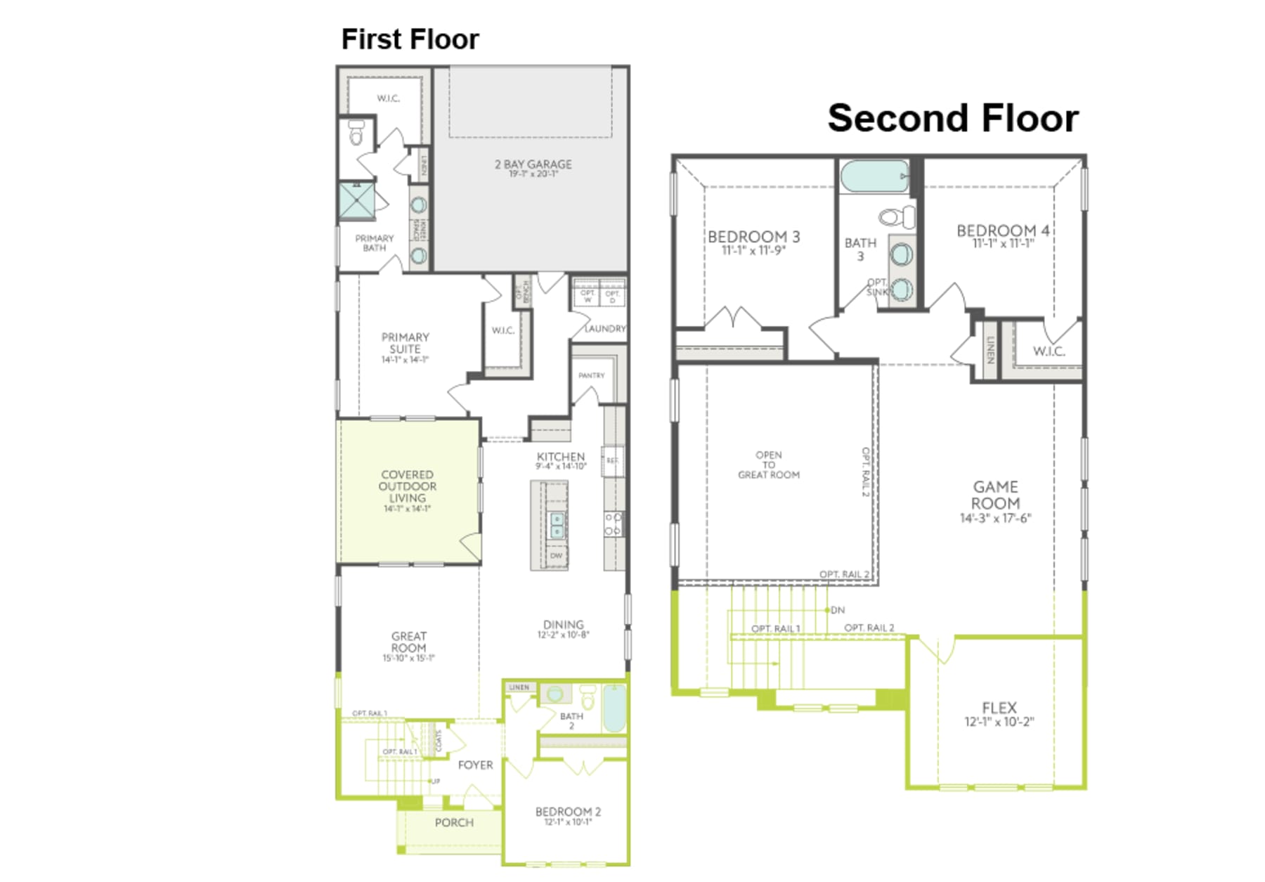 The image is a floor plan diagram showing the layout of a two-story residential building, with the first floor and second floor plans displayed side by side.