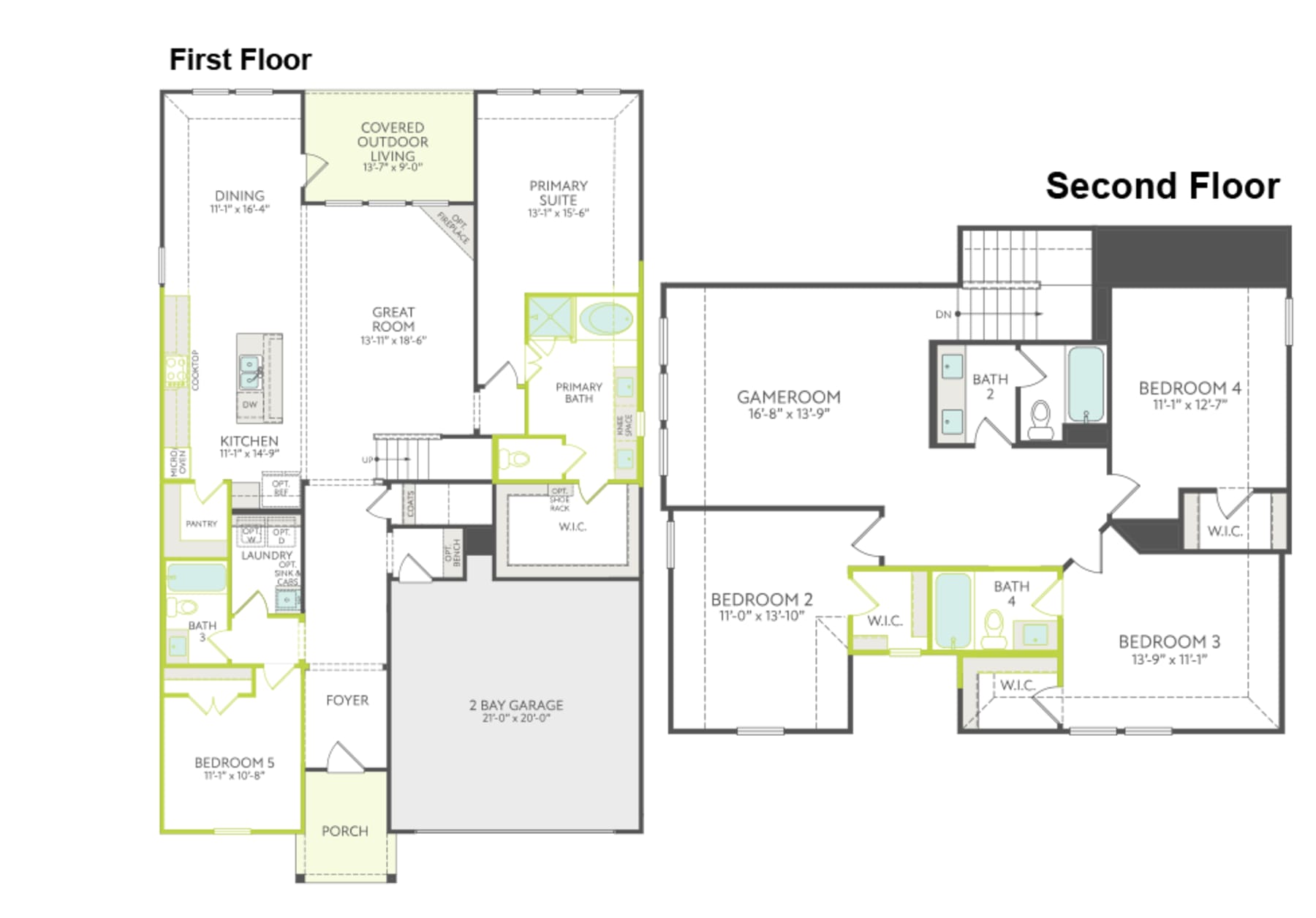 The image is a floor plan for a two-story residential building, displaying the layout of the first and second floors. The plan includes various rooms, such as bedrooms, bathrooms, and a garage, along with their respective dimensions and placements.