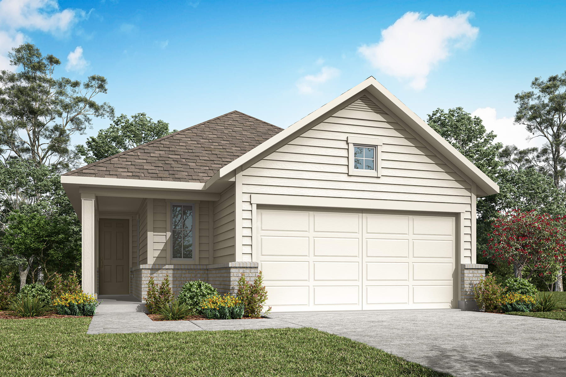 A single-story, beige-colored house with a gabled roof and a two-car garage stands in a well-landscaped yard with trees and shrubs in the background.