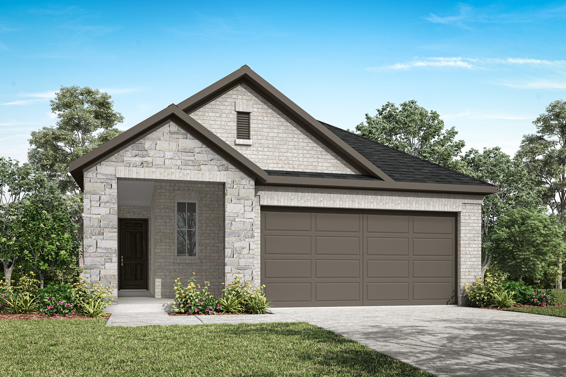 A two-story stone and wood-framed house with a garage door and a well-manicured lawn surrounded by lush greenery and trees in the background.