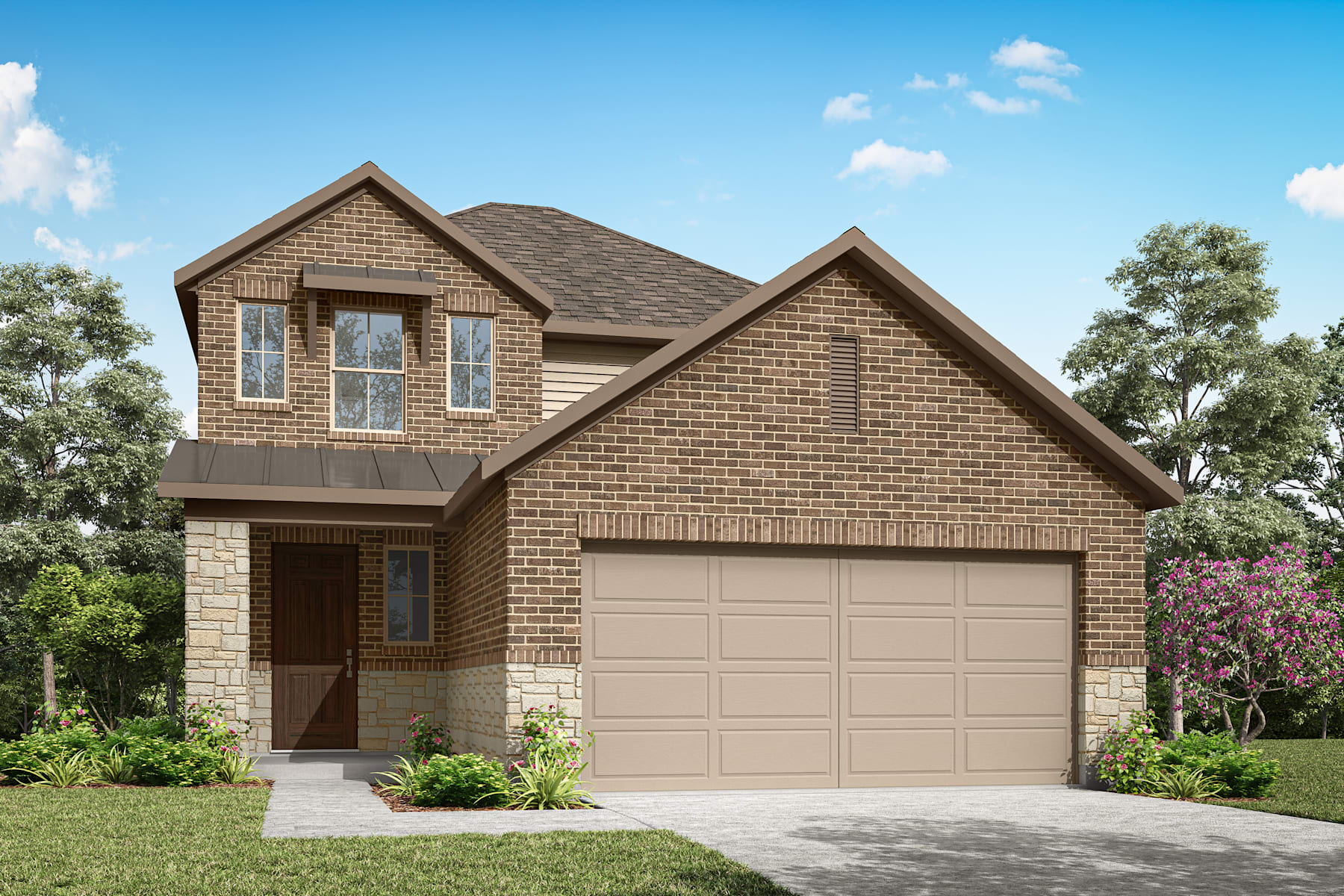 A two-story brick house with a garage, surrounded by lush greenery and a clear blue sky with fluffy clouds.