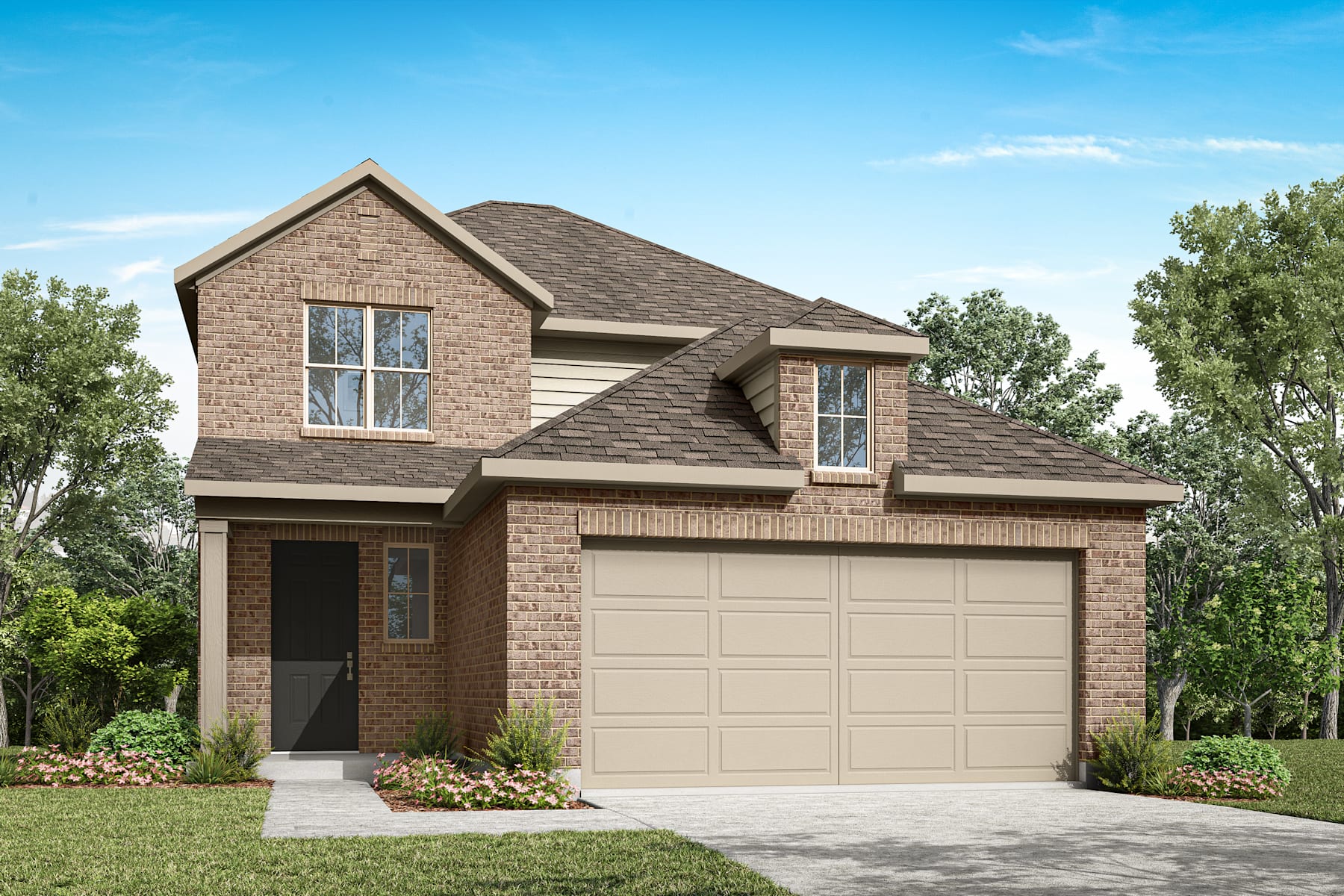 A two-story brick house with a garage, surrounded by lush greenery and a clear blue sky.