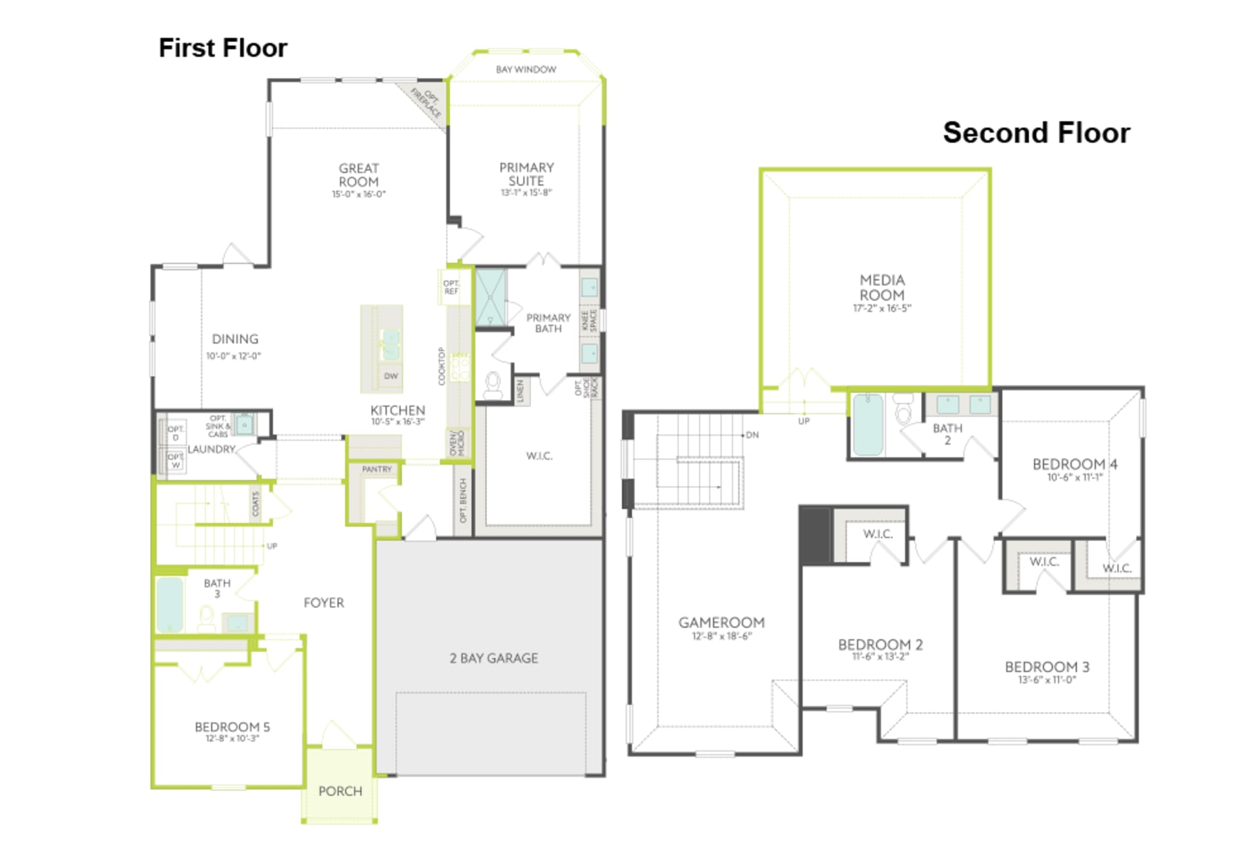 The image is a floor plan of a two-story house, showing the layout of the first and second floors. The plan includes various rooms and spaces, such as bedrooms, a dining room, a kitchen, and a garage.