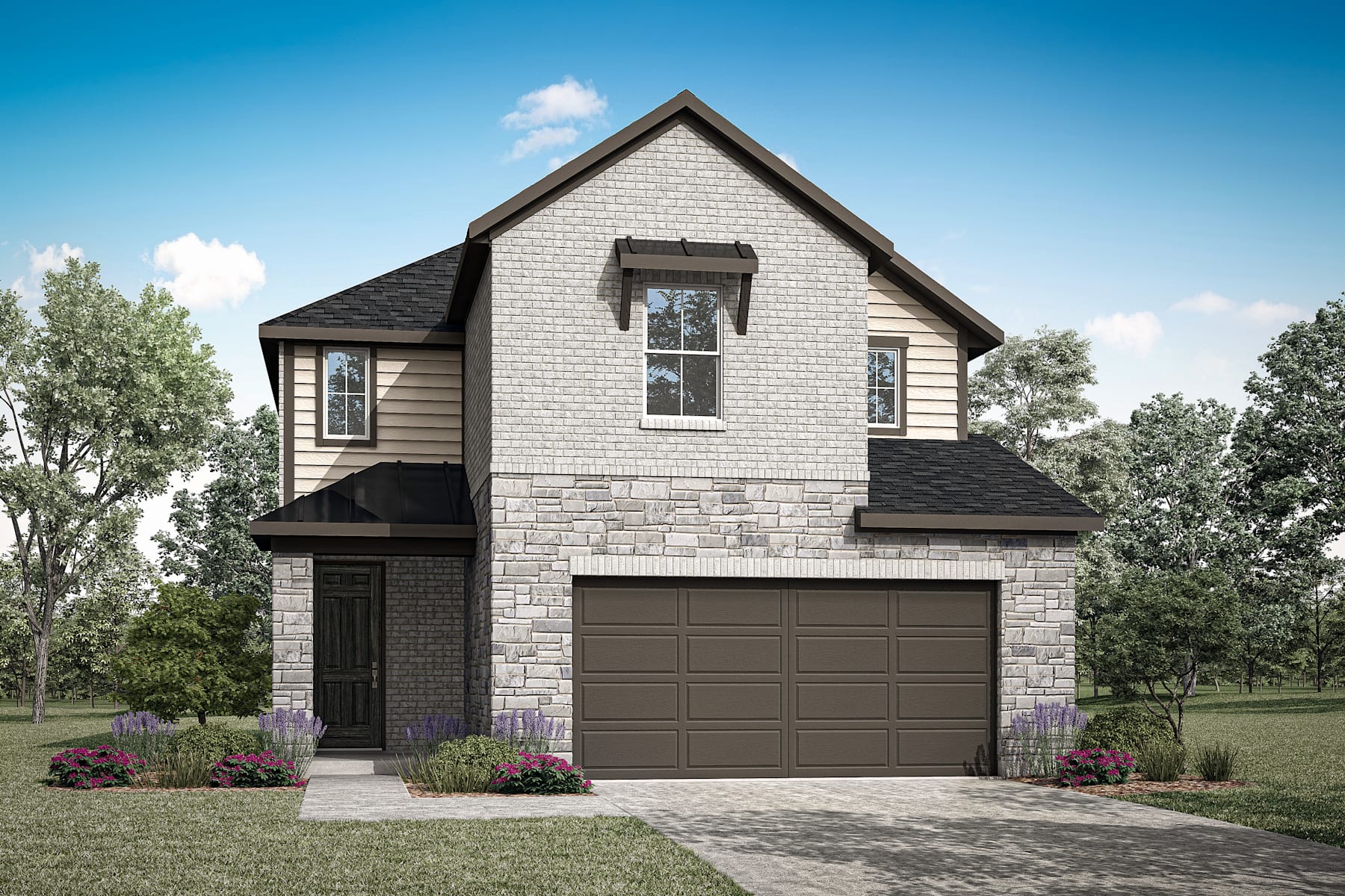 A two-story house with a stone and wood exterior, a garage, and a landscaped yard surrounded by trees against a blue sky with clouds.