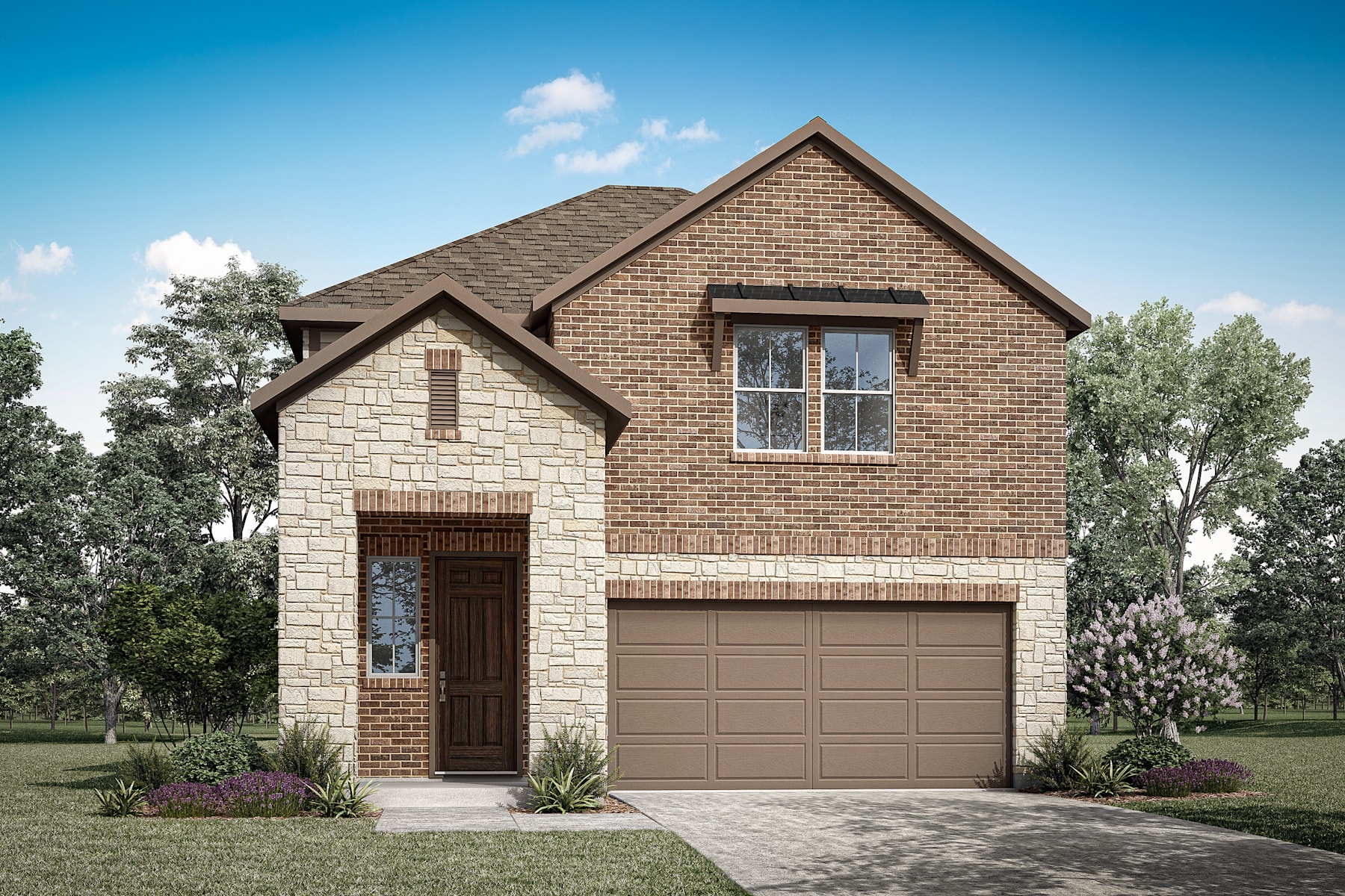 A two-story brick house with a garage door and a landscaped yard surrounded by trees against a clear blue sky.