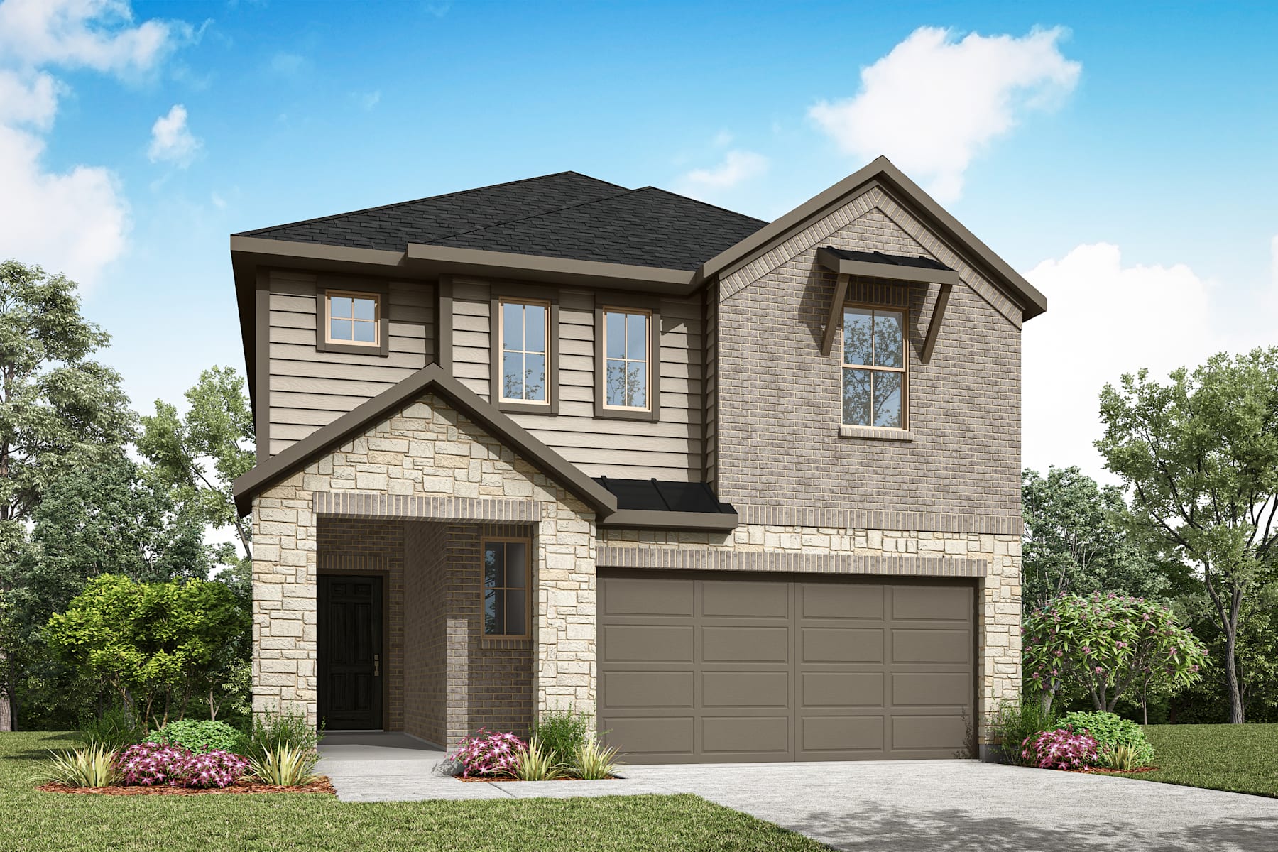 A two-story residential house with a garage, surrounded by lush greenery and a clear blue sky with fluffy white clouds.