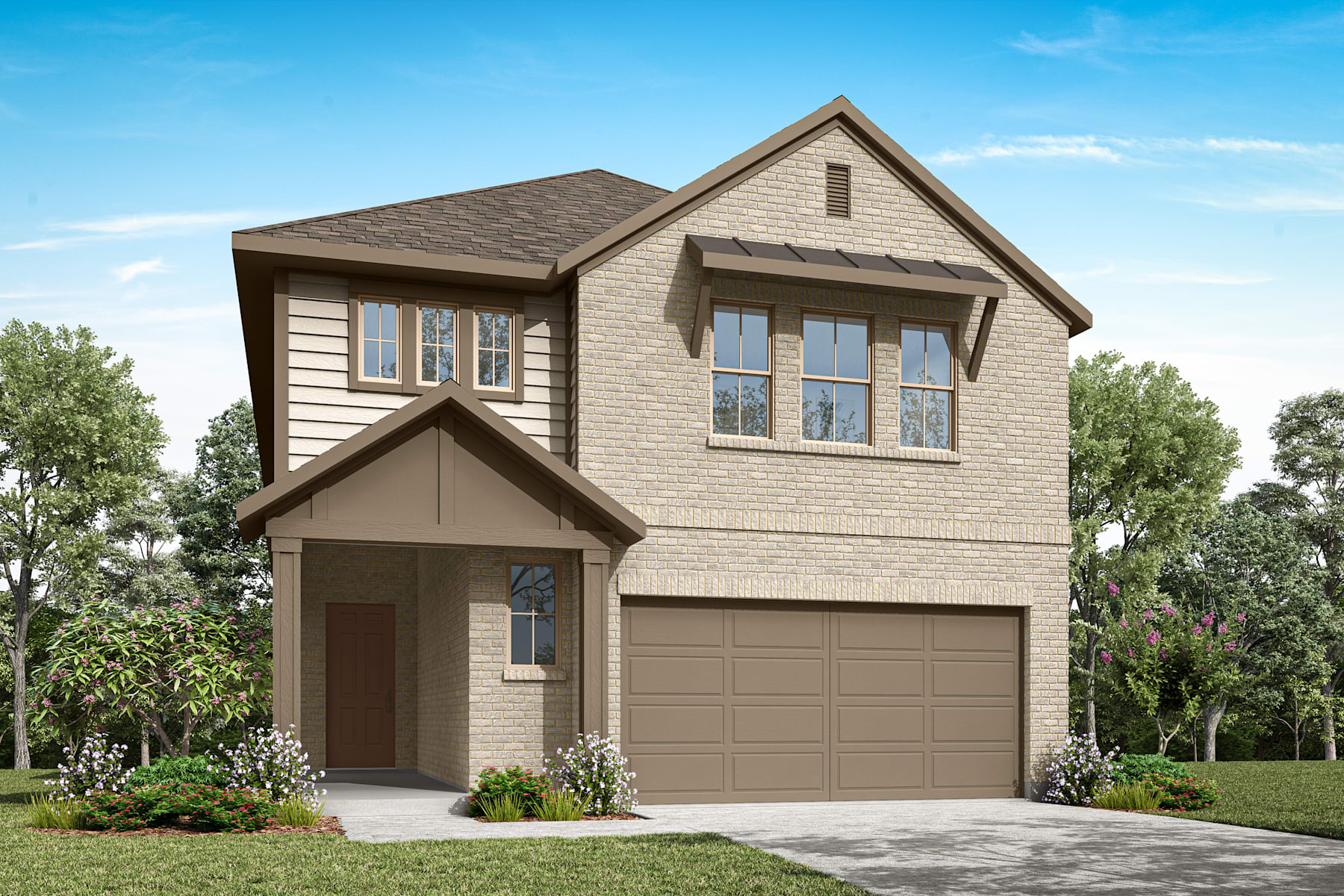 A two-story residential house with a garage, surrounded by lush greenery and a paved driveway in the foreground.