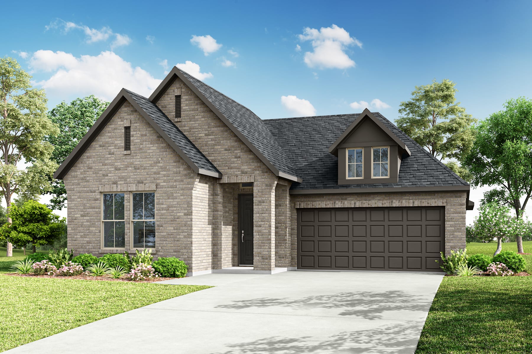 A two-story brick house with a garage, surrounded by lush greenery and a clear blue sky with fluffy white clouds.