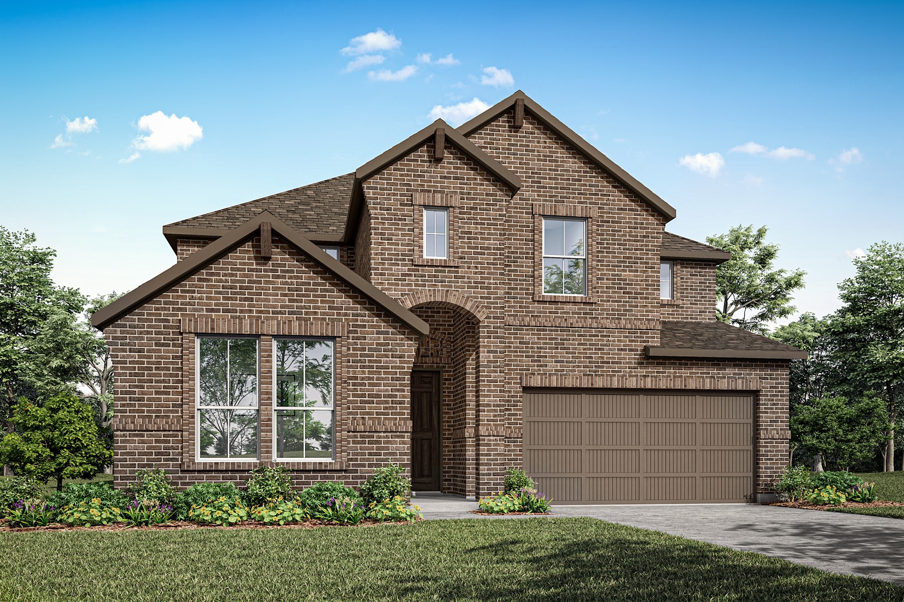 A two-story brick house with a garage, surrounded by lush greenery and a clear blue sky with fluffy clouds.