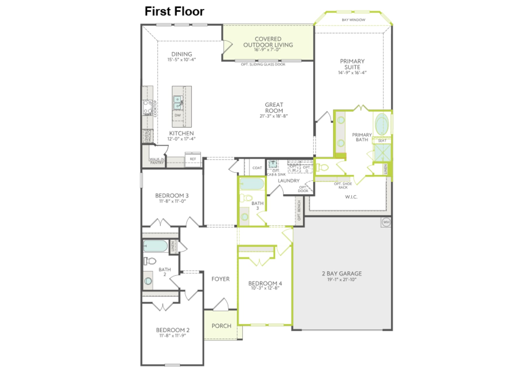 This is a floor plan for a first-floor layout, featuring a dining room, kitchen, living room, and three bedrooms, along with a two-car garage.
