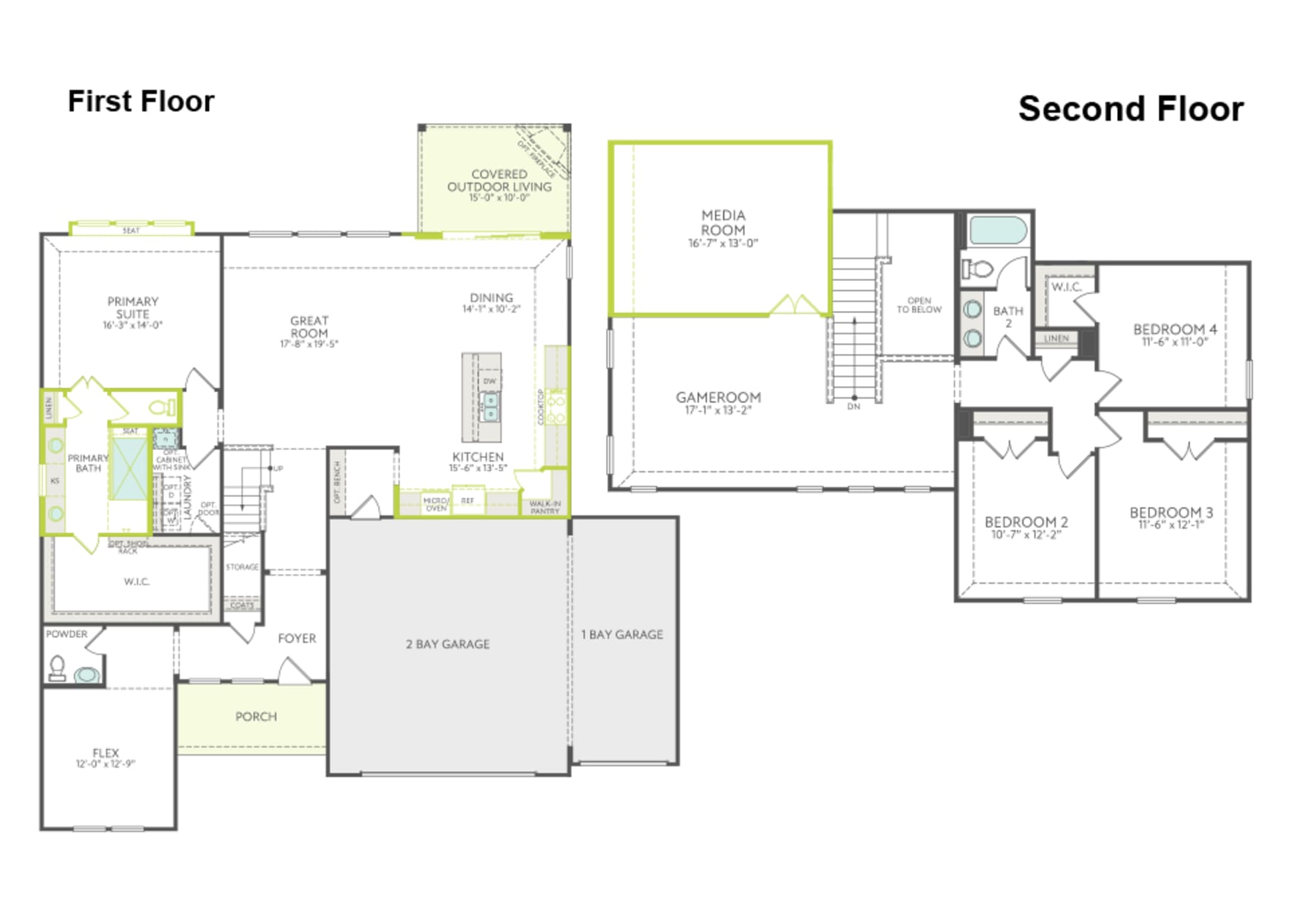 The image appears to be a floor plan for a two-story residential building, with the first floor and second floor layouts displayed side by side. The floor plan includes various rooms, such as bedrooms, bathrooms, and a garage, along with labeled spaces and dimensions.