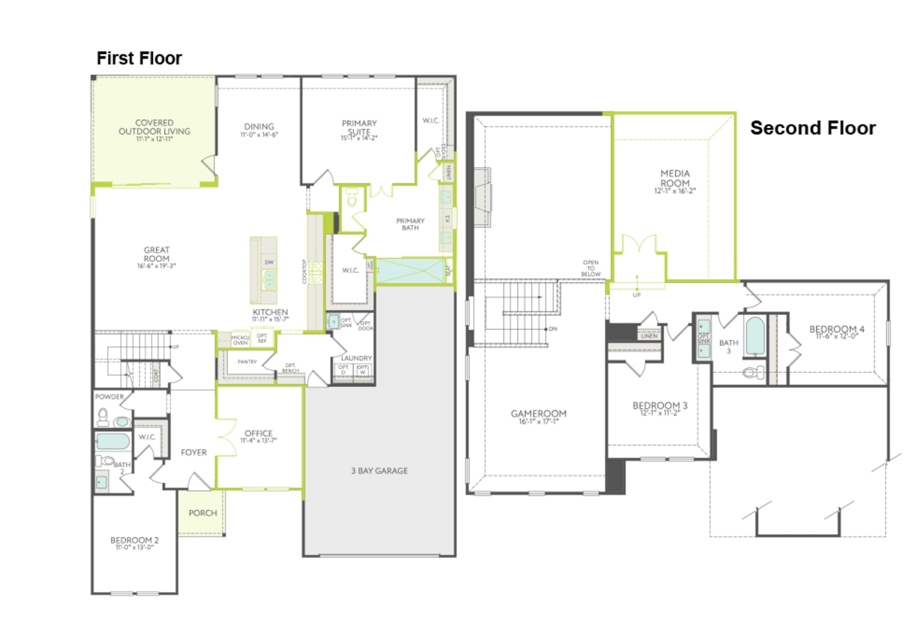 This is a floor plan diagram showing the layout of a two-story building, with the first floor and second floor plans displayed side by side.