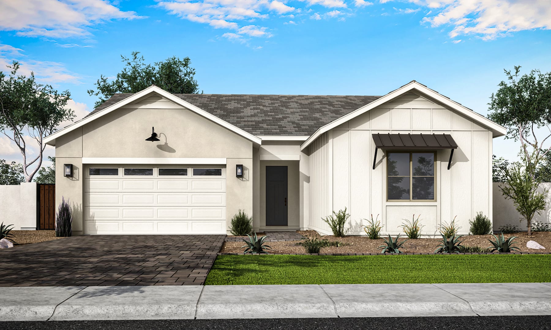 A single-story, white-colored house with a gray roof, a garage door, and a well-manicured lawn in the foreground, set against a backdrop of blue sky with scattered clouds.