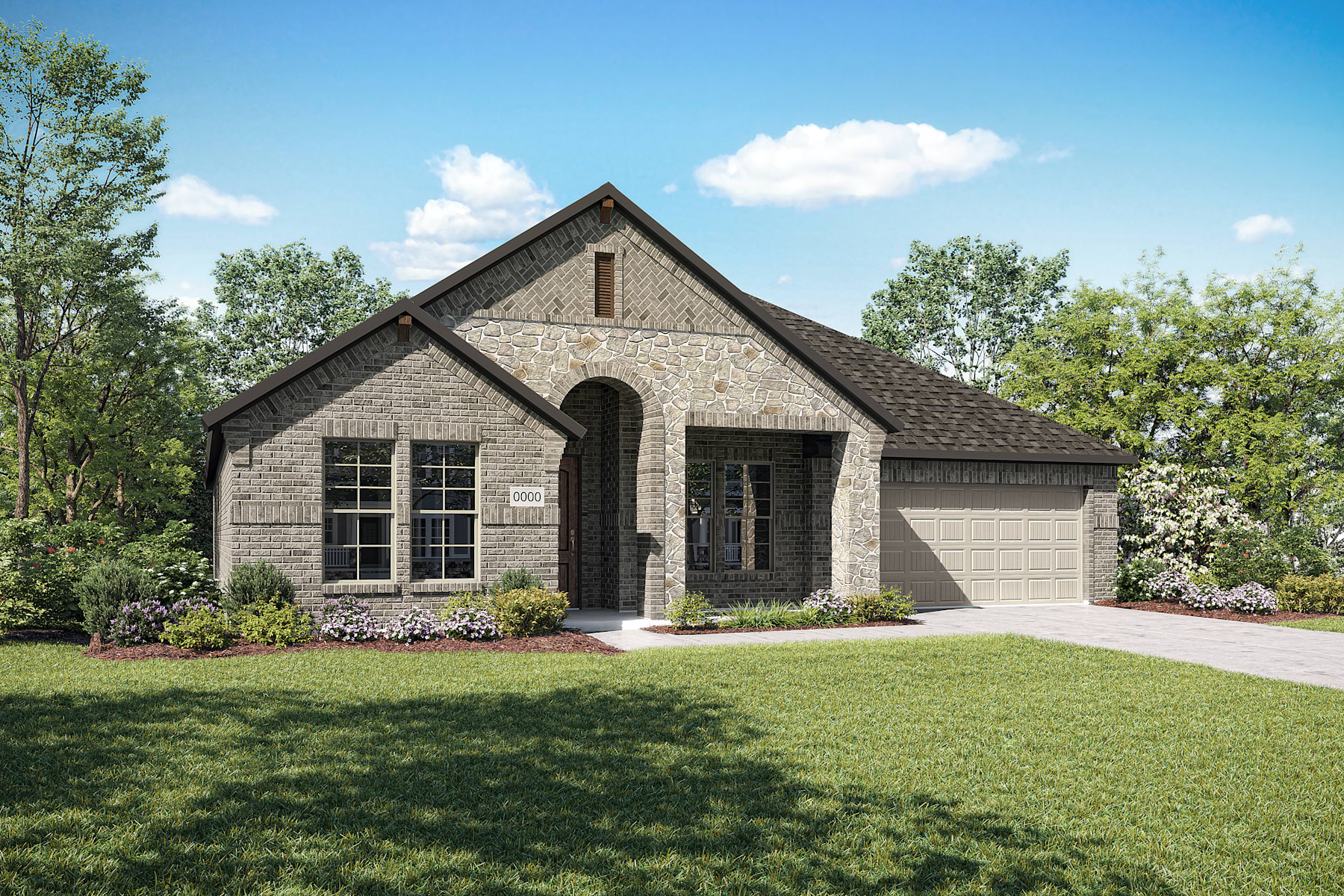 A two-story brick house with a gabled roof sits on a well-manicured lawn, surrounded by lush greenery and a clear blue sky with fluffy white clouds.