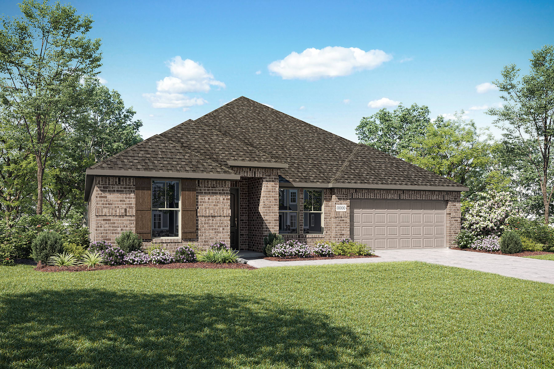 A single-story brick house with a brown shingled roof sits on a well-manicured lawn, surrounded by lush greenery and a clear blue sky with fluffy white clouds.
