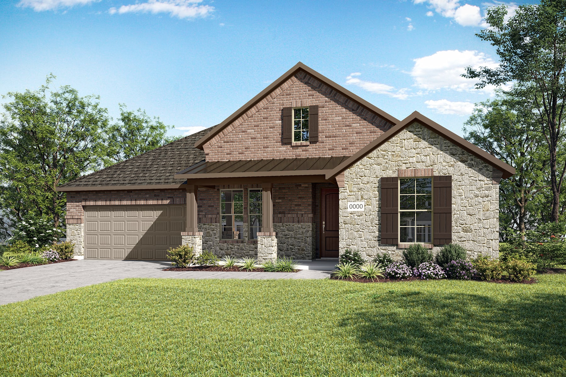 A well-maintained brick and stone house with a neatly trimmed lawn and lush greenery in the background, set against a bright, cloudy sky.