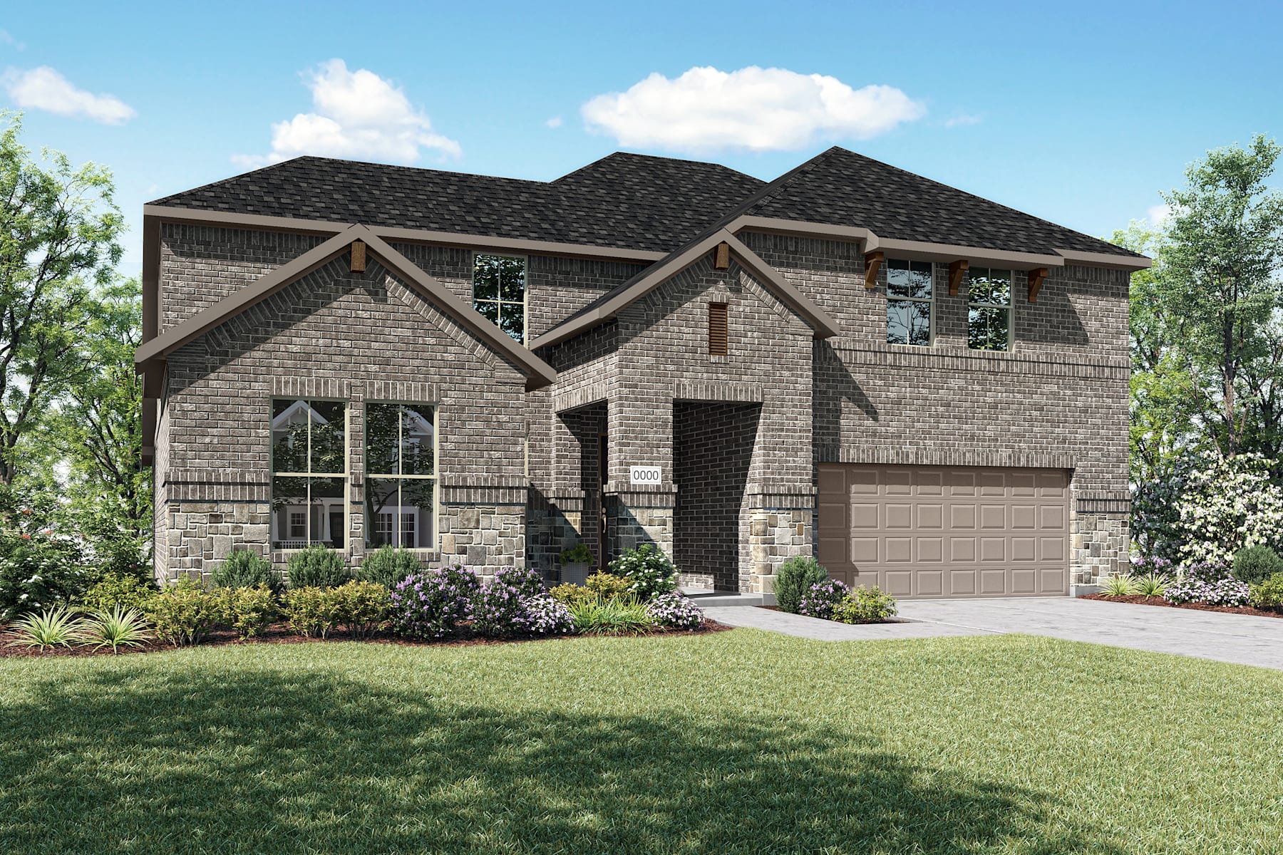 A two-story brick house with a gabled roof, surrounded by lush greenery and a well-manicured lawn in the foreground.
