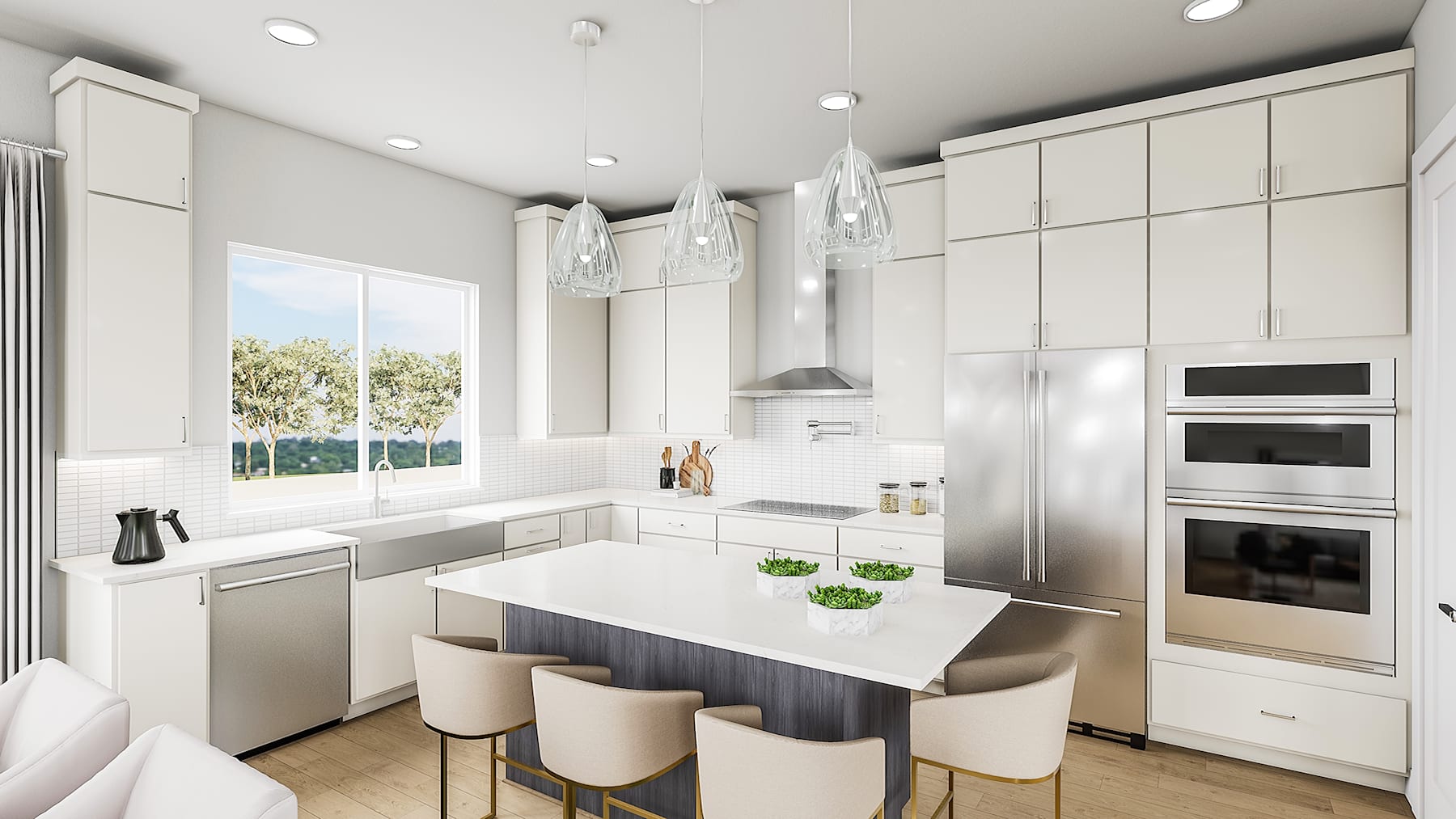A modern, bright, and spacious kitchen with white cabinets, stainless steel appliances, and a central island with seating.
