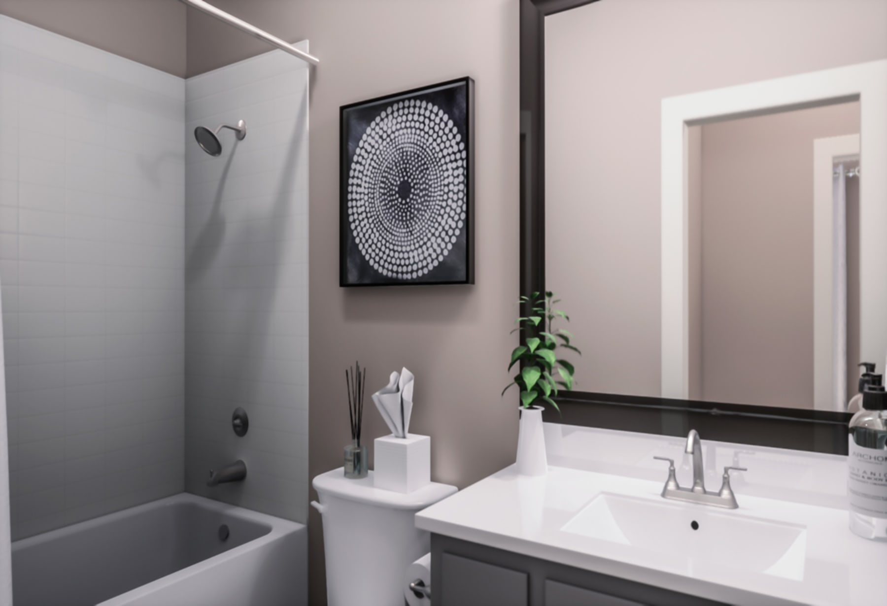 A modern bathroom with a white sink, a framed abstract artwork on the wall, and a shower enclosure in the background.