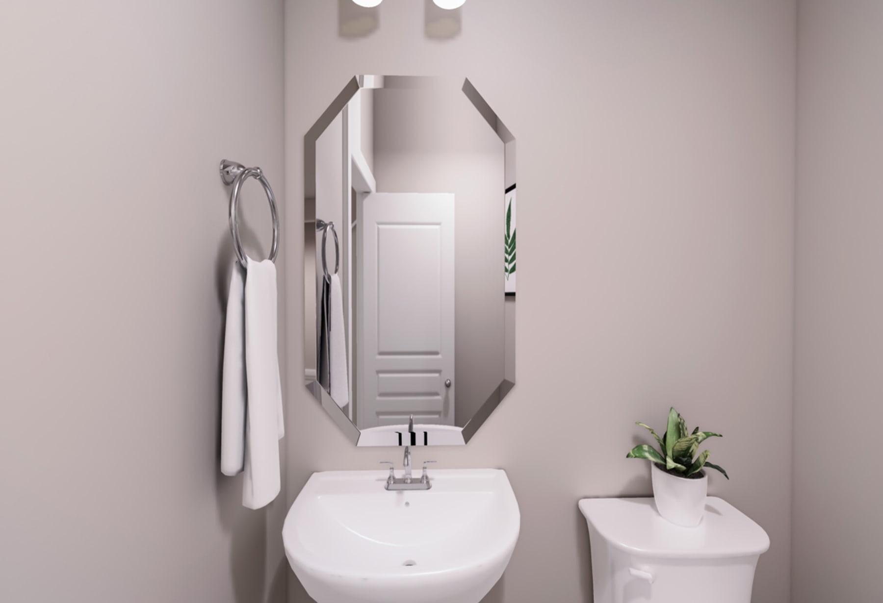 A minimalist bathroom with a white sink, mirror, and a small potted plant on a shelf.
