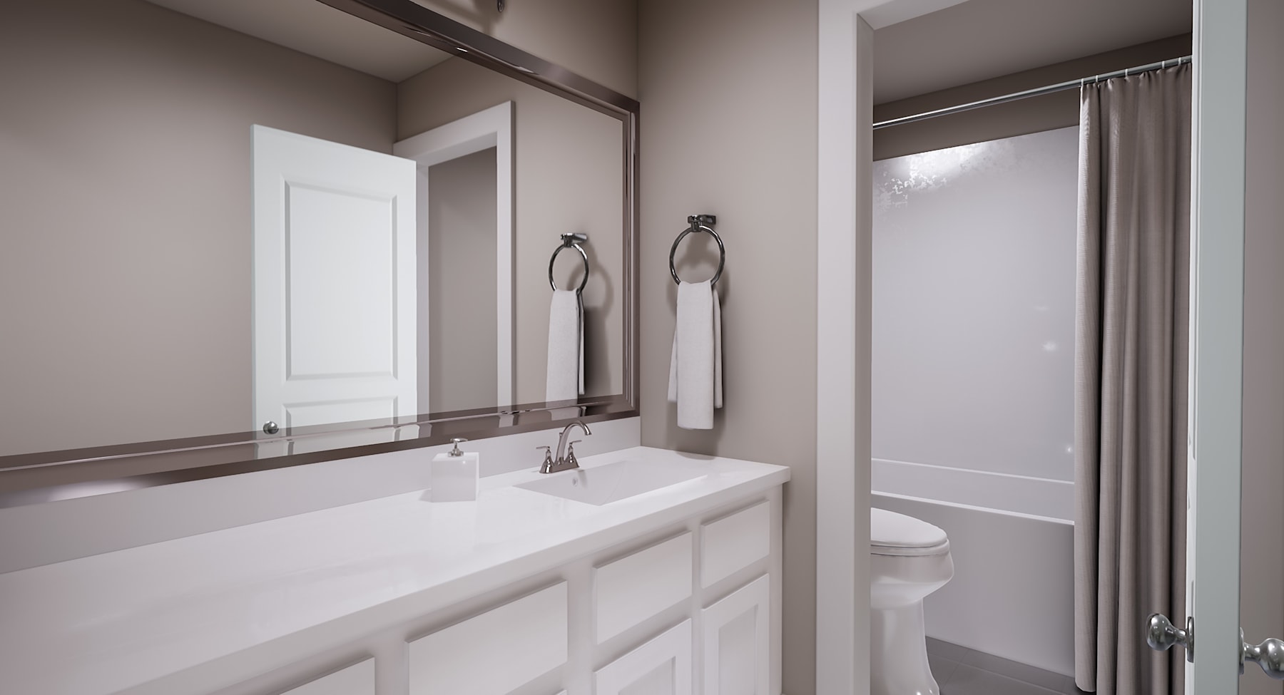 A modern and minimalist bathroom with a white vanity, a large mirror, and a shower curtain in the background.
