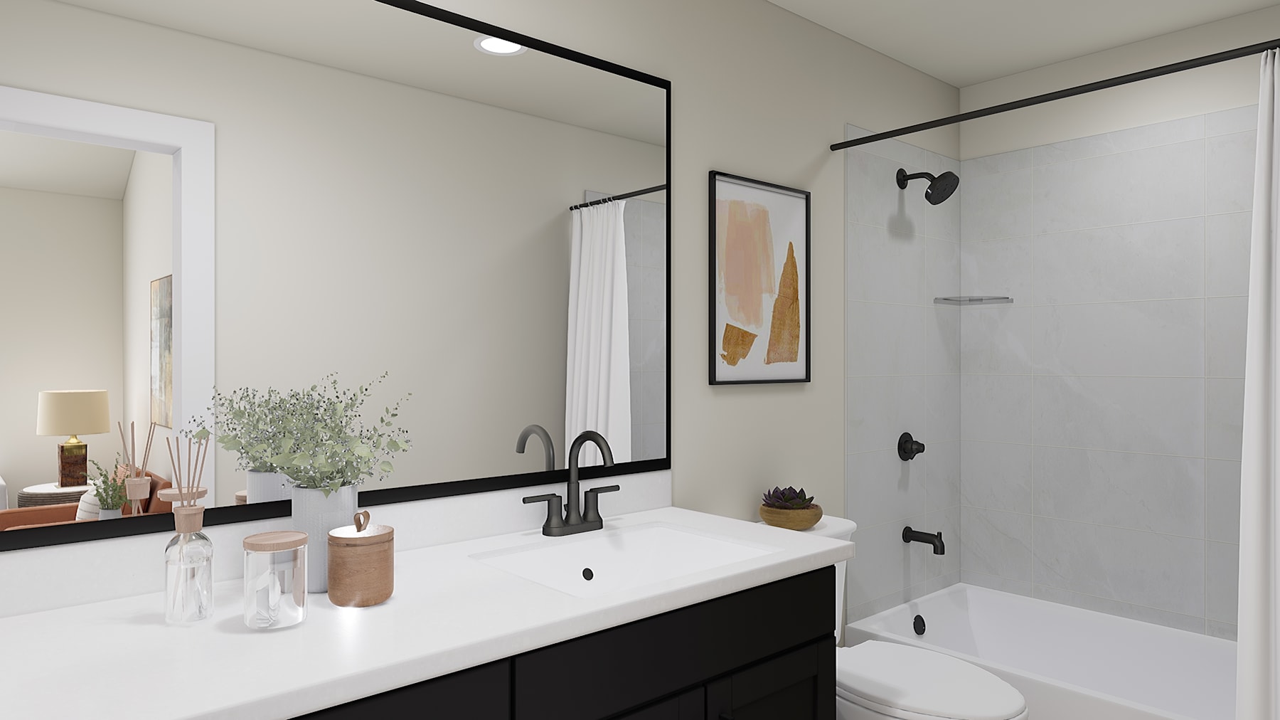 A modern, minimalist bathroom with a white vanity, black fixtures, and a framed artwork on the wall.
