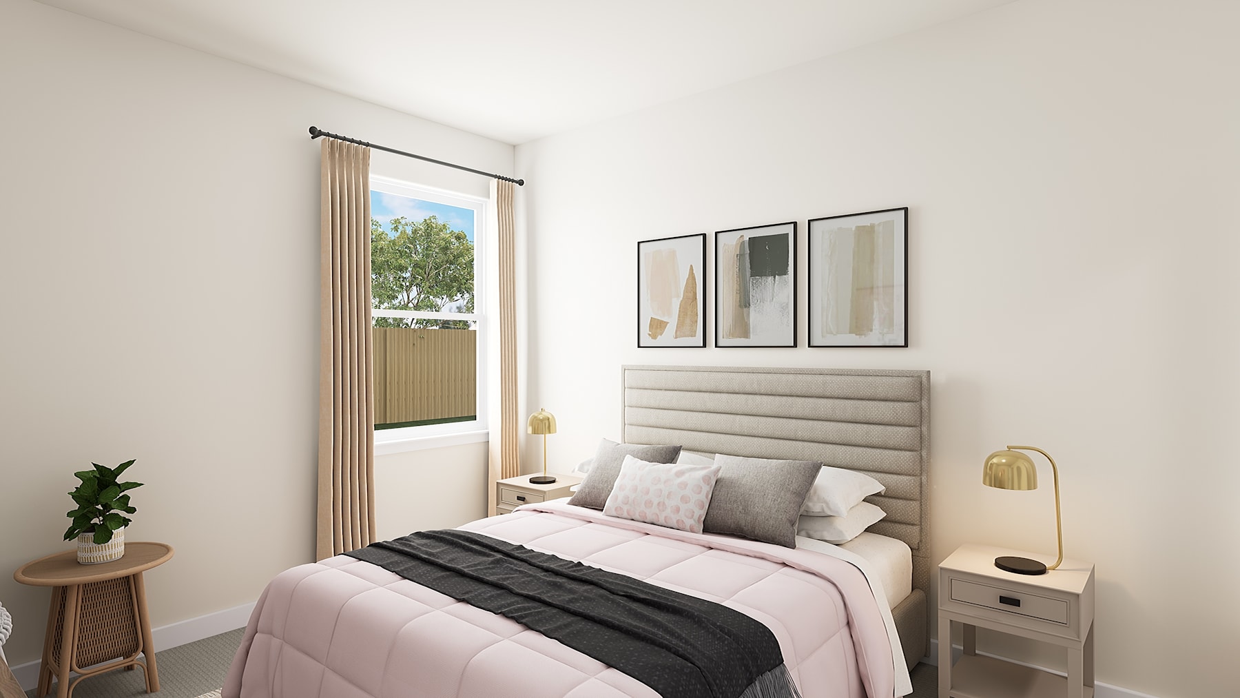 A modern, minimalist bedroom with a large window overlooking greenery, a plush upholstered headboard, and framed artwork on the wall.