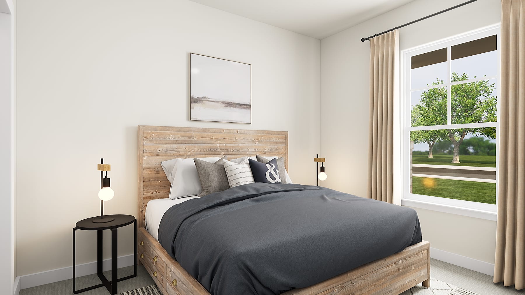 A cozy and modern bedroom with a wooden headboard, gray bedding, and a large window overlooking a grassy outdoor scene.