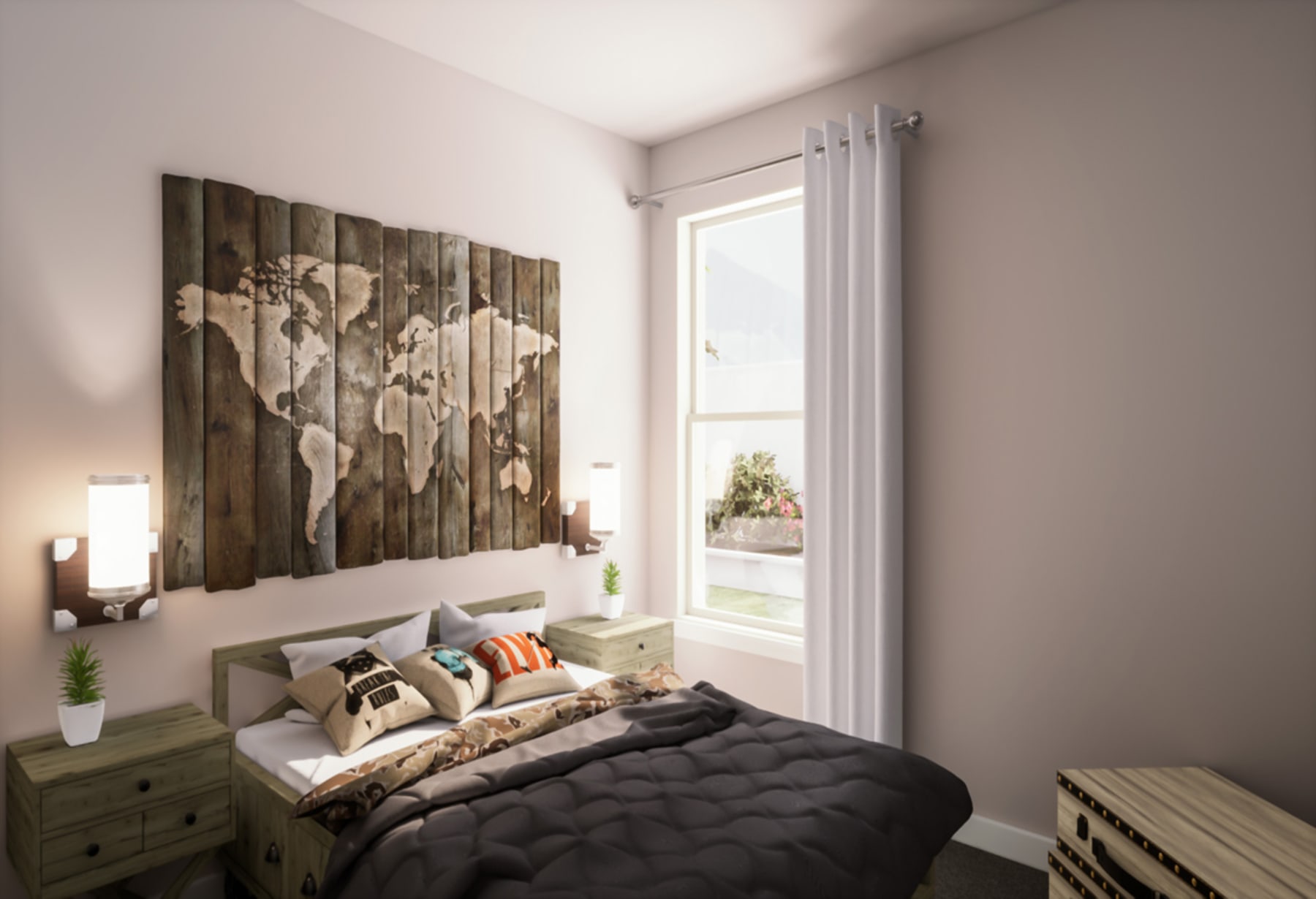 A cozy bedroom with a large wooden world map on the wall, a comfortable-looking bed with a gray comforter, and a window providing natural light.