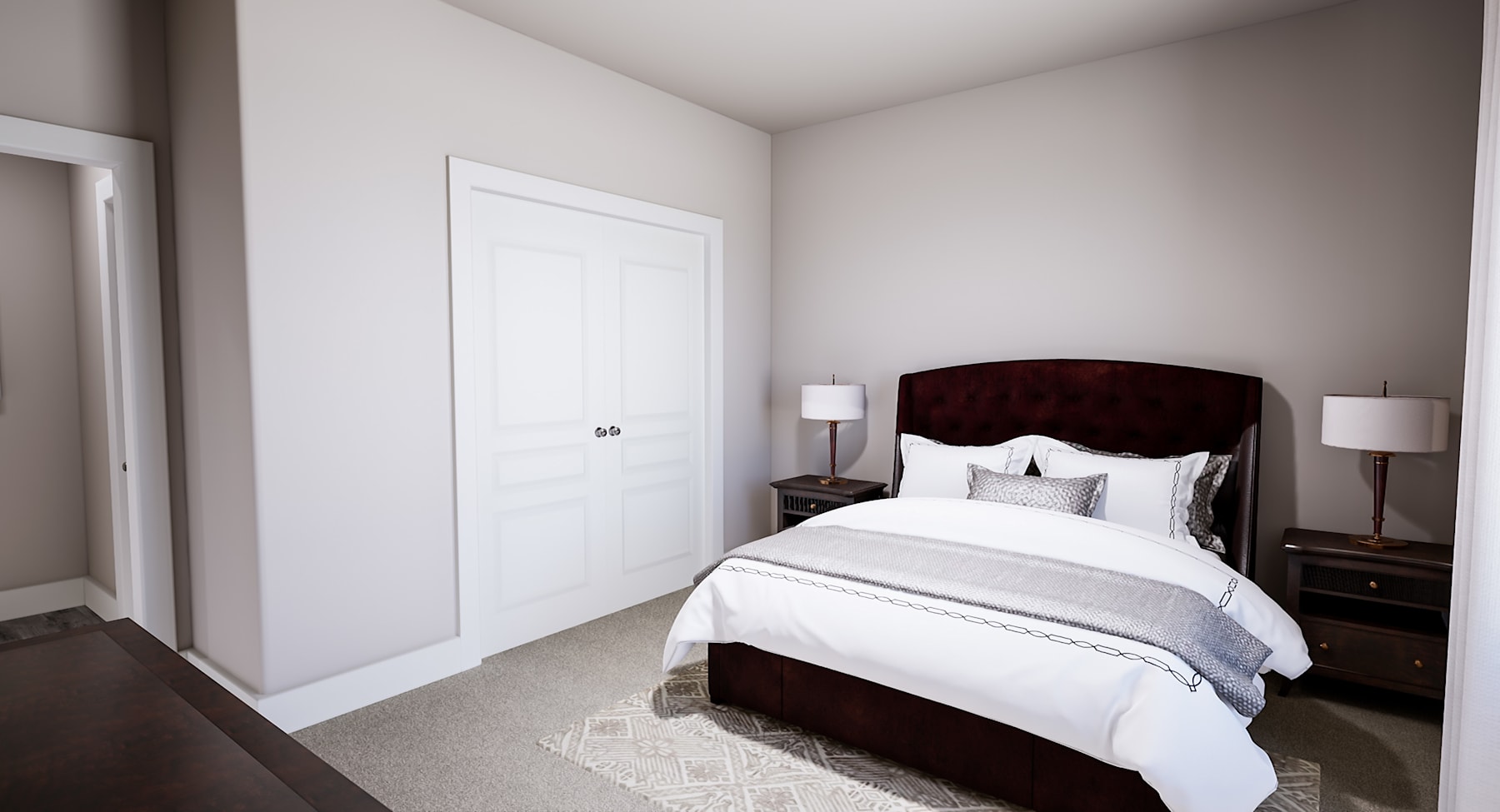 A cozy and well-furnished bedroom with a plush bed, dark wooden furniture, and a neutral color scheme.