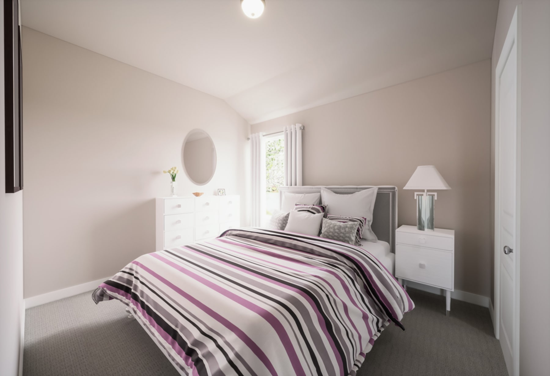 A cozy and inviting bedroom with a striped comforter on the bed, a white dresser, and a window providing natural light.