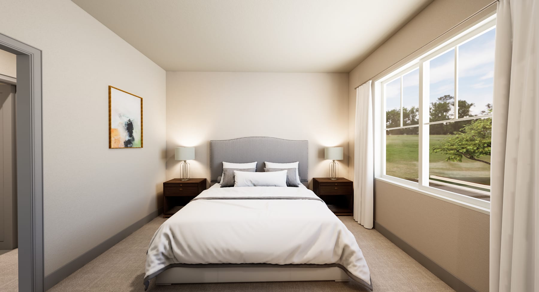 A cozy and well-lit bedroom with a single bed, bedside tables, and a large window overlooking a scenic outdoor landscape.