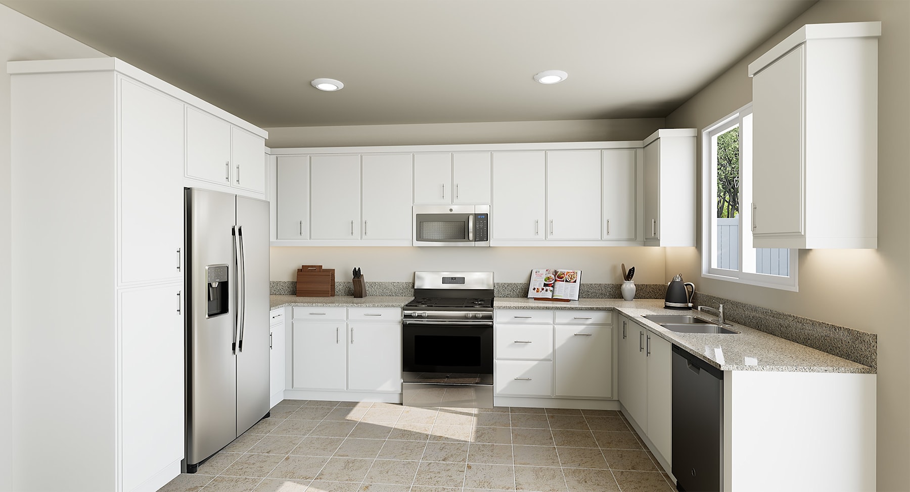 A modern, well-equipped kitchen with white cabinets, stainless steel appliances, and a tiled floor.