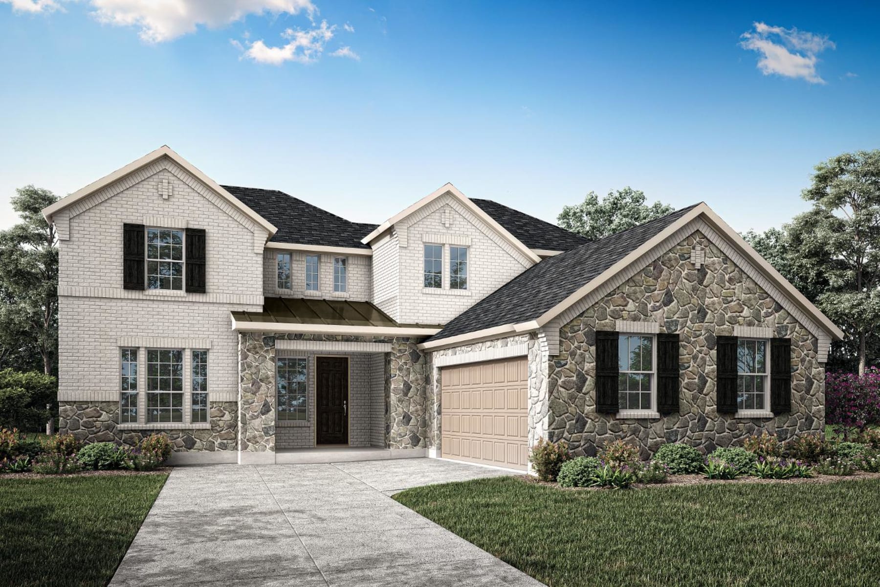 A two-story house with a stone exterior, a tiled roof, and a paved driveway leading to the front entrance, set against a backdrop of a blue sky with scattered clouds and lush greenery.